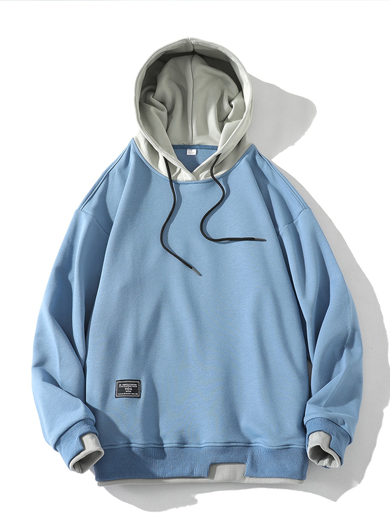 Men'S Fashion Casual Hooded Sweatshirt, 100% Polyester Knit Fabric, Long Sleeve, Loose Fit Pullover with Geometric Applique Design, Medium Stretch, for Spring/Autumn Trendy Streetwear