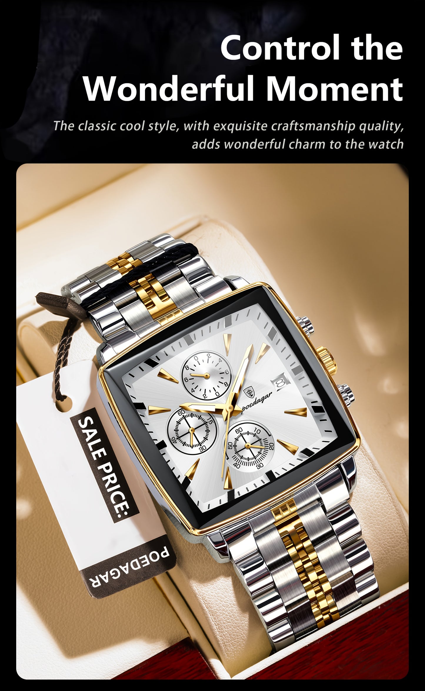 POEDAGAR Men'S Business Quartz Watch, Stainless Steel Square Dial, Luminous Hands, Date Calendar, Battery Powered, with Non-Rechargeable Button Battery, for Thanksgiving & Christmas Gifts, Water Resistant