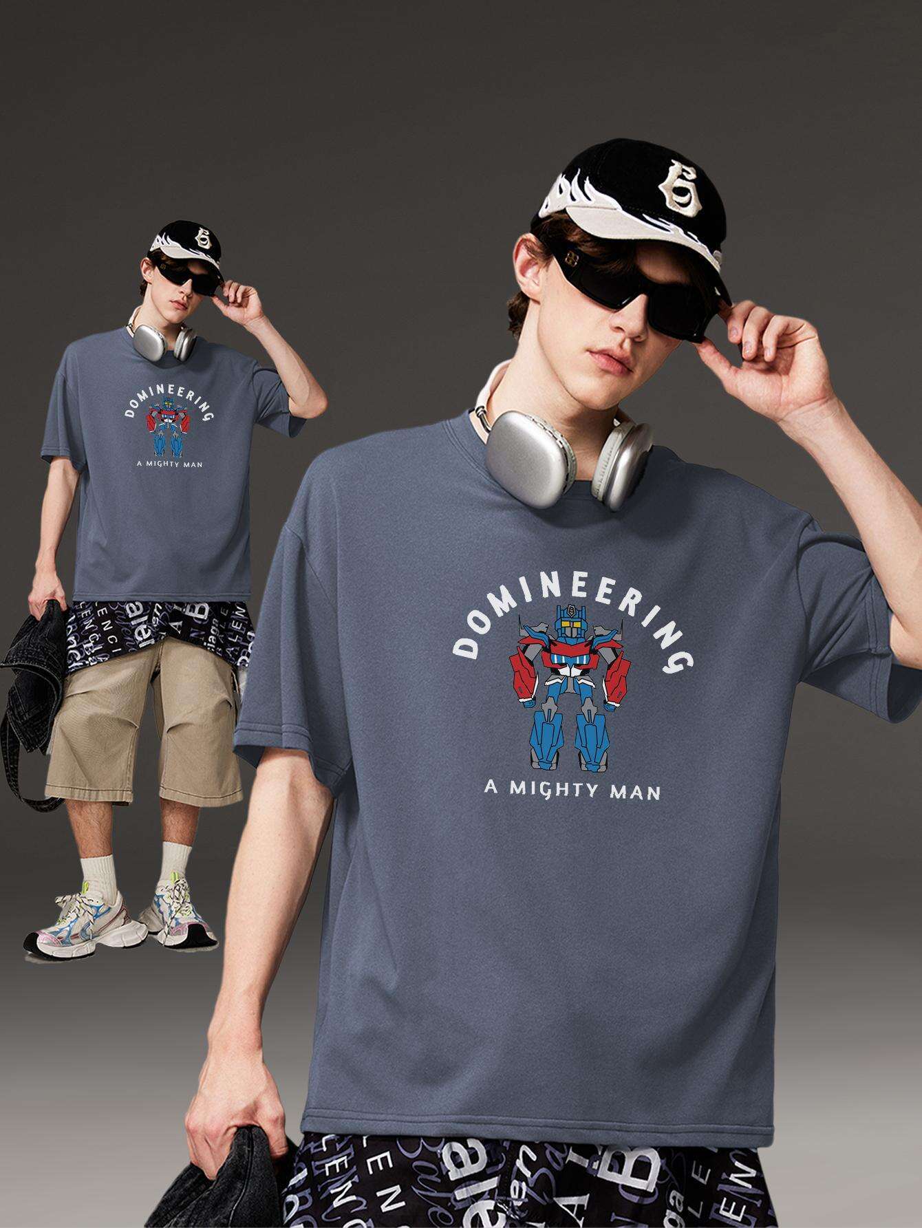 PRIVATHINKER "Domineering A Mighty for Man" Graphic Tee - 100% Cotton, Oversized Casual Hip Hop Style, Short Sleeve T-Shirt with Robot Print, Summer Streetwear for Men and Women