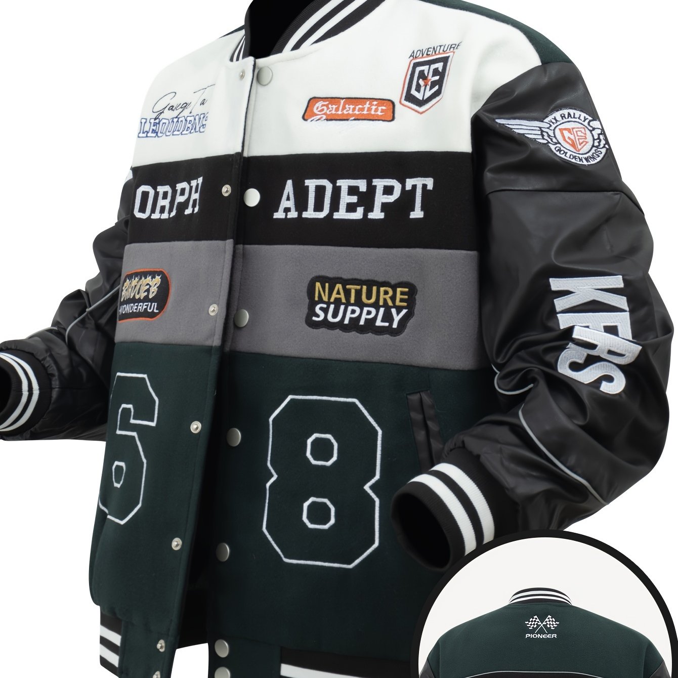 Men'S Daily Patchwork Polyester Varsity Jacket Stylish Retro Embroidered Long Sleeve Baseball Coats Casual Unisex Loose Outdoor Outerwear