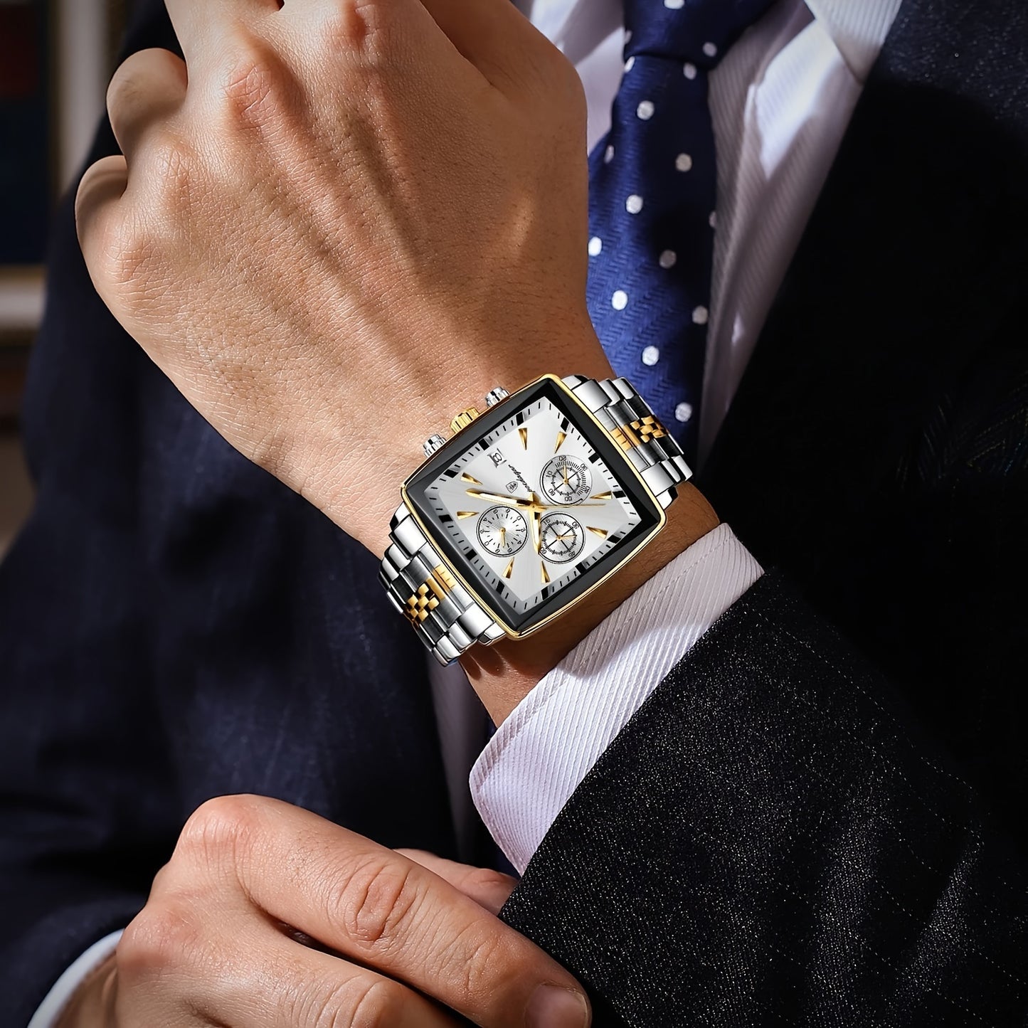 POEDAGAR Men'S Business Quartz Watch, Stainless Steel Square Dial, Luminous Hands, Date Calendar, Battery Powered, with Non-Rechargeable Button Battery, for Thanksgiving & Christmas Gifts, Water Resistant