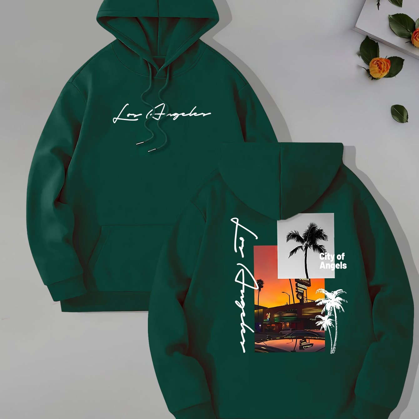 Beach Los Angeles Print Men's Pullover Hoodie, Kangaroo Pocket Long Sleeve Hooded Sweatshirt, Loose Casual Tops, Men's Clothes For Fall Winter