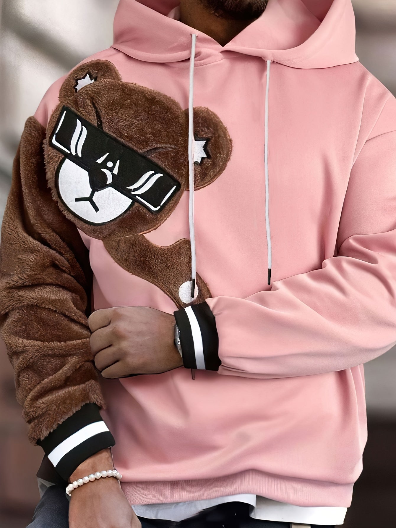 Men's Color Block Bruin Graphic Print Hoodie, Casual Long Sleeve Hooded Sweatshirt For Fall Winter Outdoor