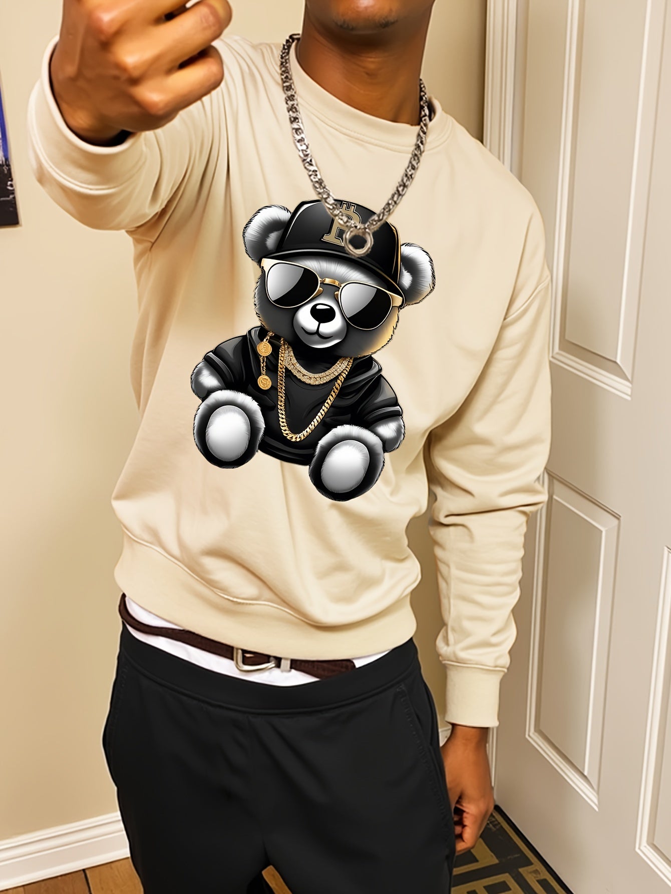 Men's Casual Long Sleeve Crew Neck Sweatshirt with Cool Bear Print - Soft Polyester Blend, Perfect for Fall & Winter