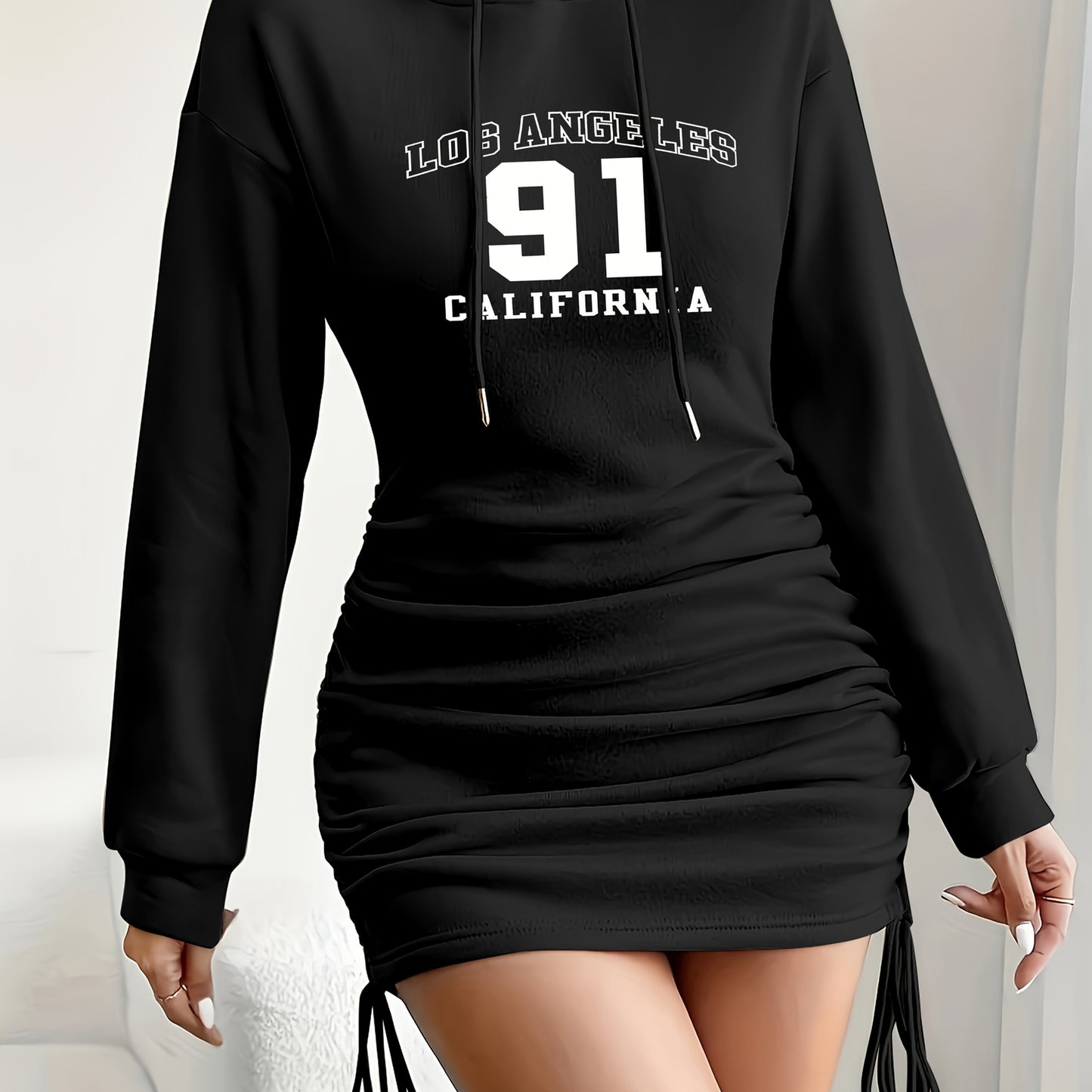 Palm Tree & Letter Hooded Dress, Casual Drawstring Ruched Bodycon Dress For Fall & Winter, Women's Clothing