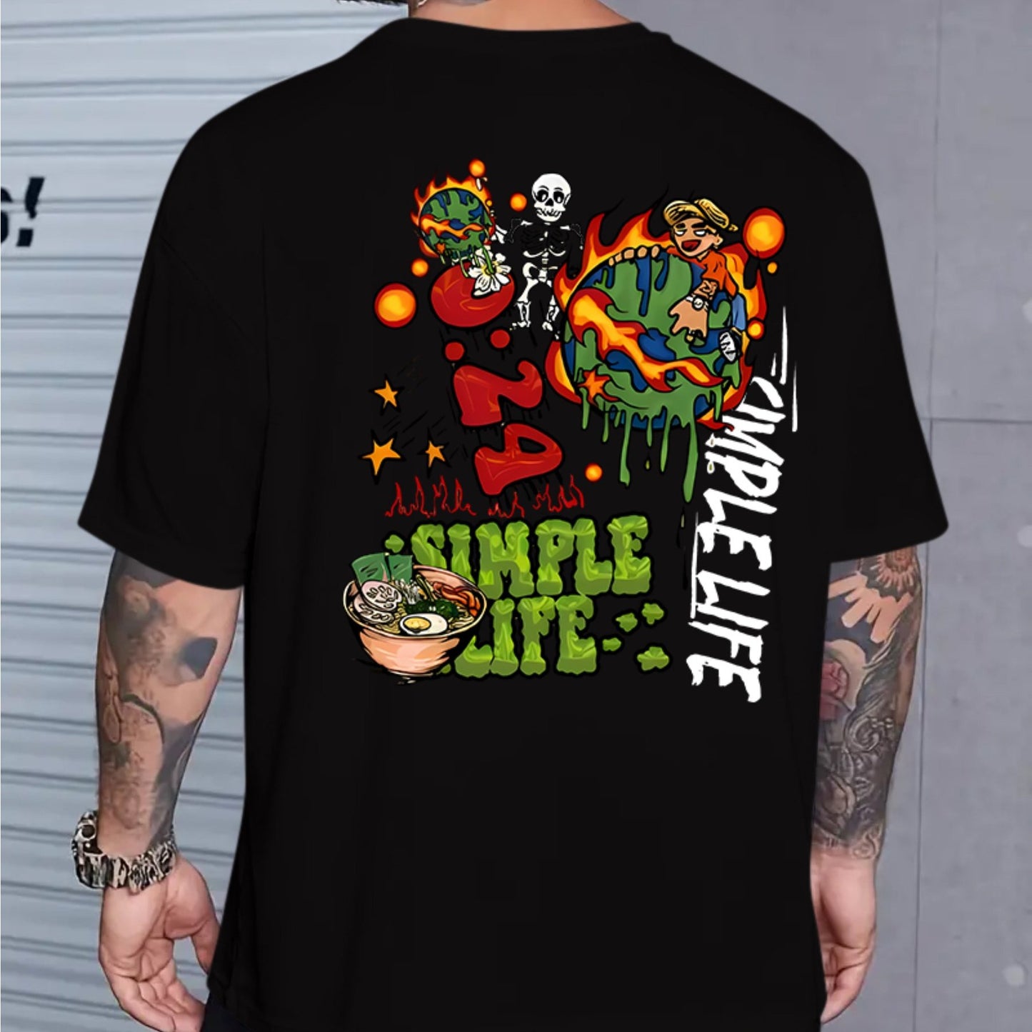 Men's Casual Vintage-Style Earth Skull Graphic Tee - Loose Fit, Breathable Polyester, Machine Washable, Round Neck T-Shirt with Unique Print Design, PLUS SIZE