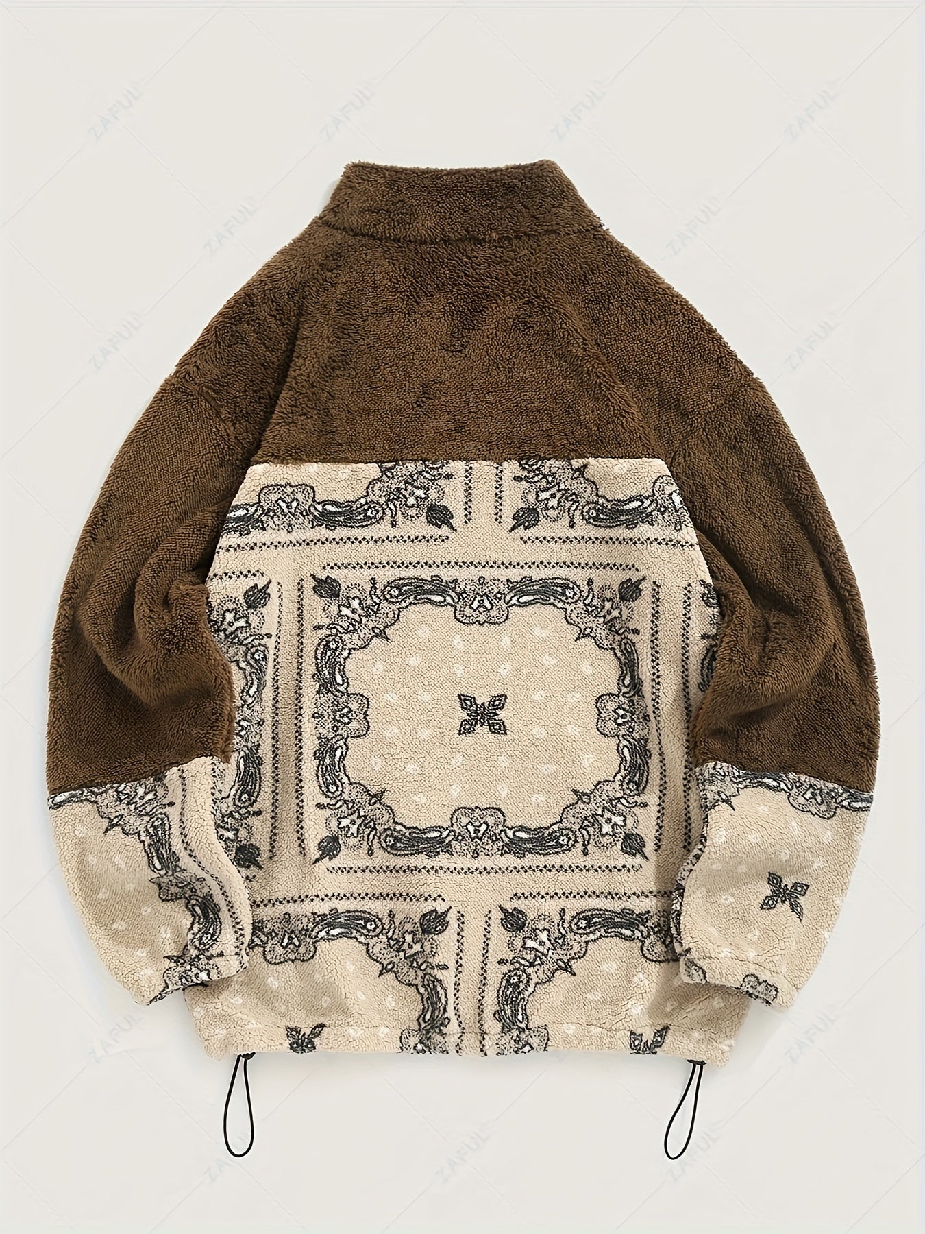 Men's Casual Paisley Pattern Stand Collar Jacket, 100% Polyester Knit Fabric with Medium Stretch, Loose Fit Zip-Up with Drawstring Hem, Long Sleeve Streetwear for Daily Commute and Winter Outings, Casual Winter Jacket|Trendy