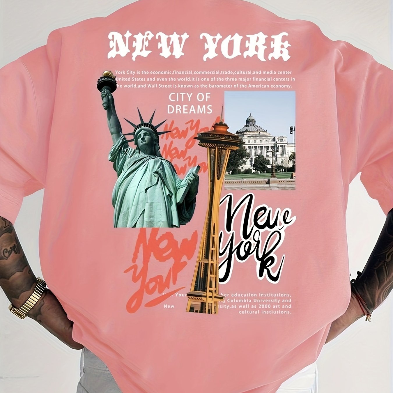 Men's Casual Statue of Liberty & Letter Print T-Shirt - Loose Fit, Breathable Polyester, Round Neck - Perfect for Summer