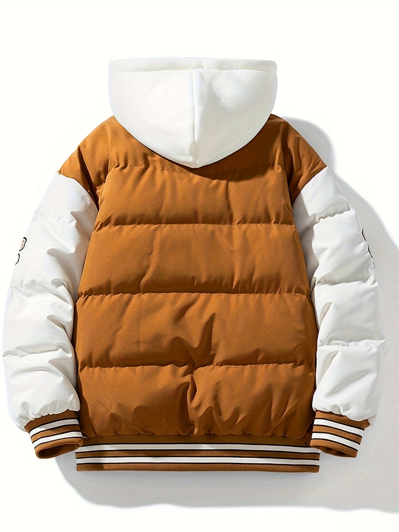 Men's Preppy Style Hooded Varsity Jacket - Casual Color Block Puffer with Embroidered Patches, Zip-Up, Long Sleeves, Polyester - Perfect for Baseball & Casual Attire, Everyday Jacket|Color Block Design|Ribbed Cuffs
