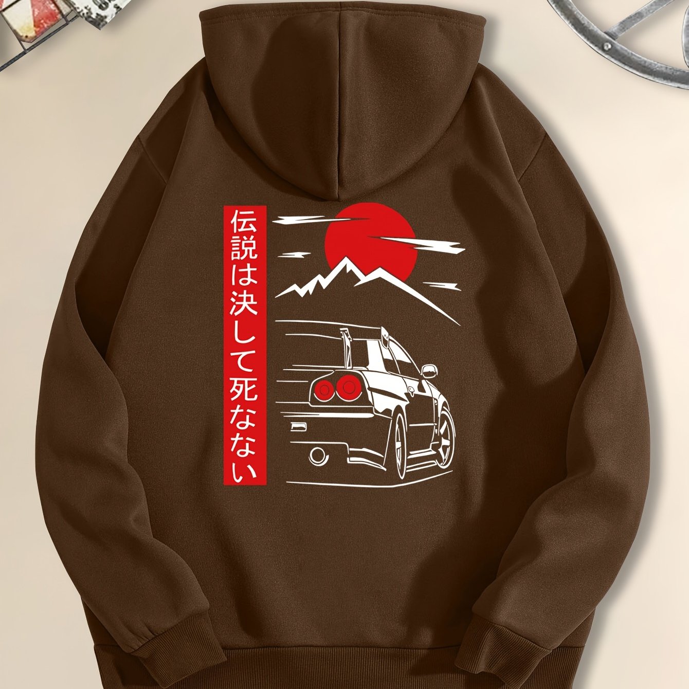 Men's Casual Black Hoodie with Sunset Sports Car Graphic - Cozy Long Sleeve Hooded Sweatshirt, Polyester, Machine Washable for Autumn & Winter, Sweater Hoodie