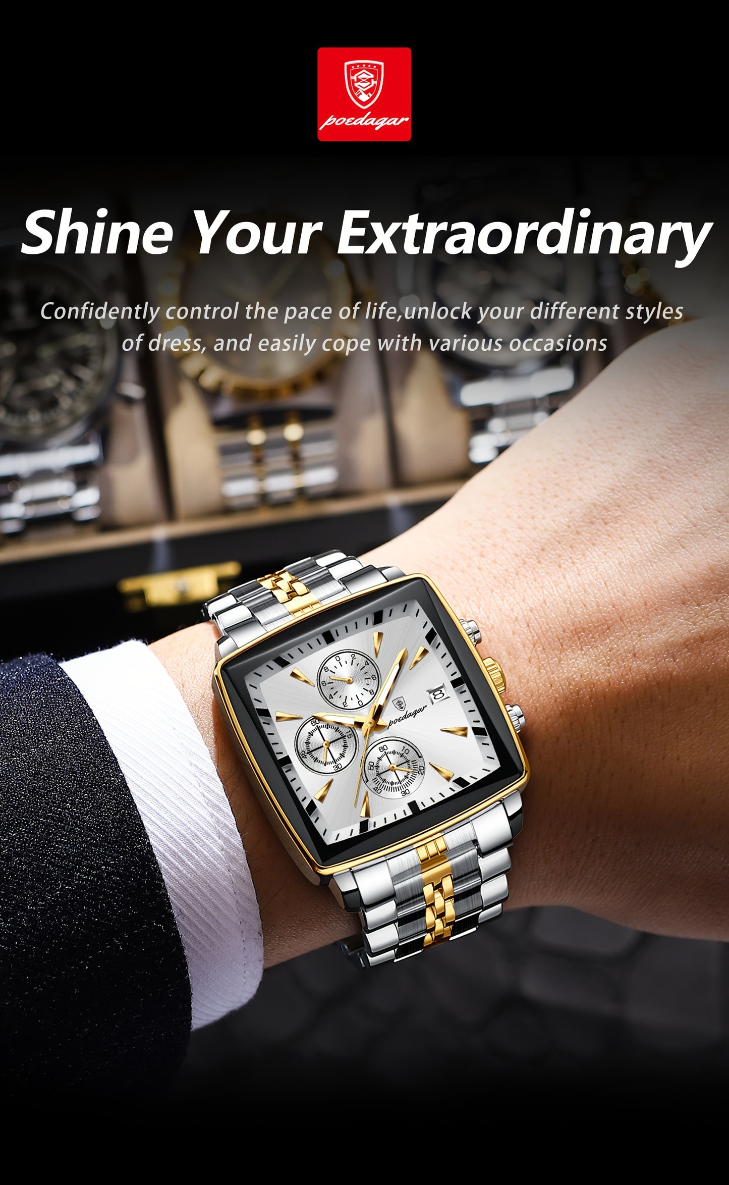 POEDAGAR Men'S Business Quartz Watch, Stainless Steel Square Dial, Luminous Hands, Date Calendar, Battery Powered, with Non-Rechargeable Button Battery, for Thanksgiving & Christmas Gifts, Water Resistant