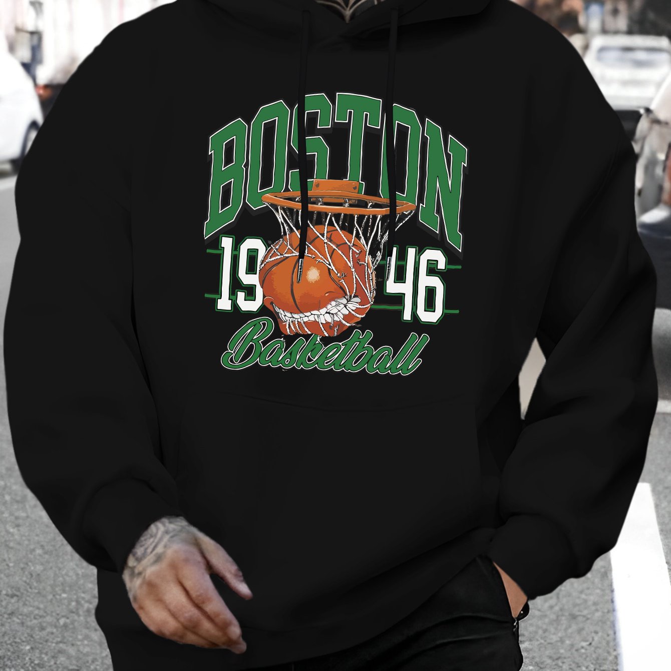Men's Boston Letter & Basketball Print Hoodie - Casual Drawstring Pullover, Comfortable Long Sleeve with Kangaroo Pocket for Fall/Winter