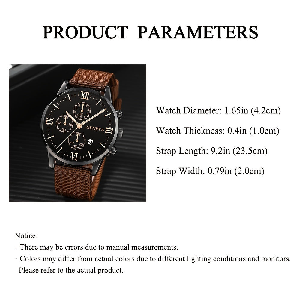 Middle East, Ramadan Men Watch 1pcs Men's Black Nylon Strap Casual Industrial Style Round Dial Calendar Pointer Quartz Watch And 3pcs Bracelets Watch for Men Suitable for Men Party Birthday Wear Or As Brother The Best Gift fo