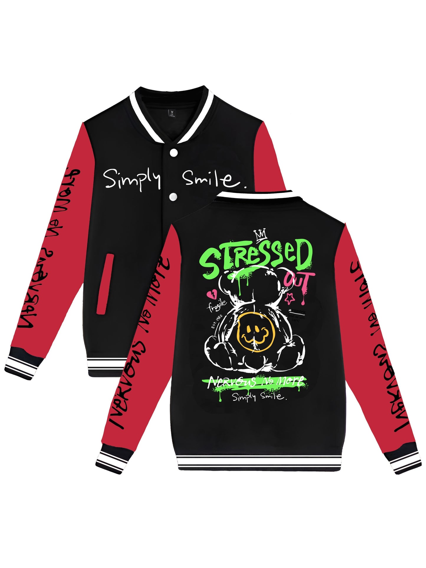 Men's Trendy Bear-Themed Varsity Jacket - Lightweight, Warm Fleece-Lined Baseball Coat with Pockets, Machine Washable