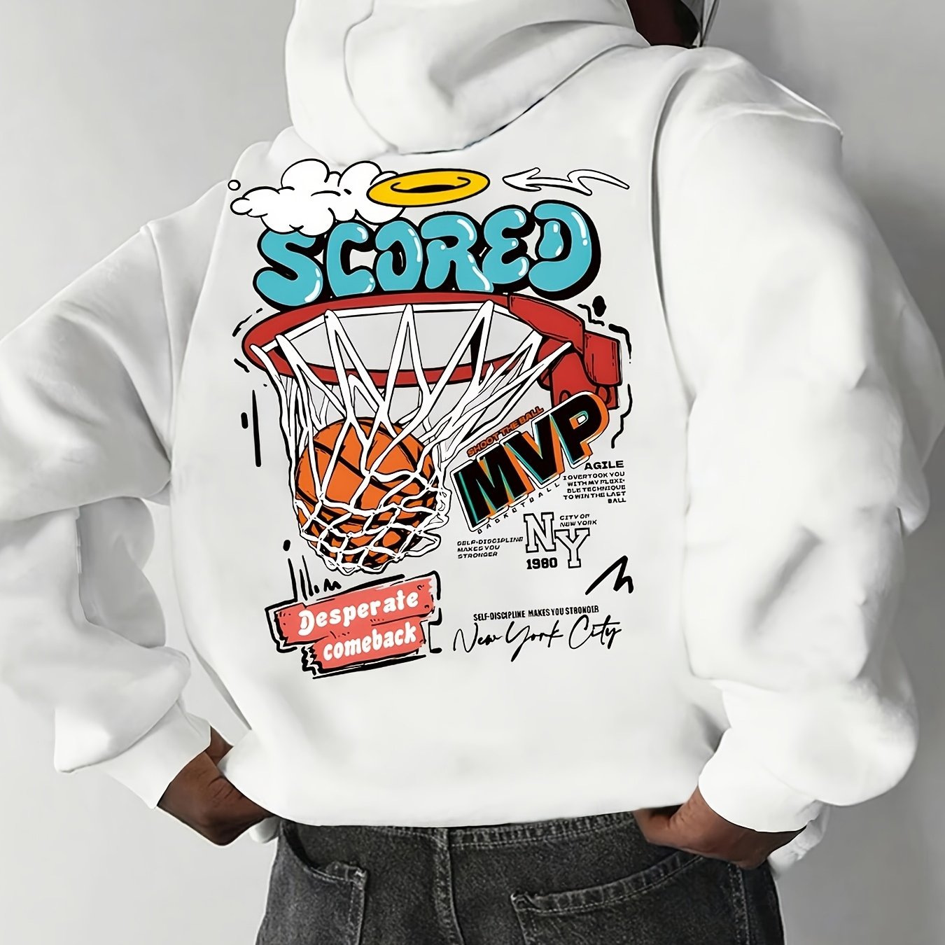 Men's Basketball Print Fleece-Lined Hoodie - Casual & Trendy, Loose Fit with Pockets for Fall/Winter