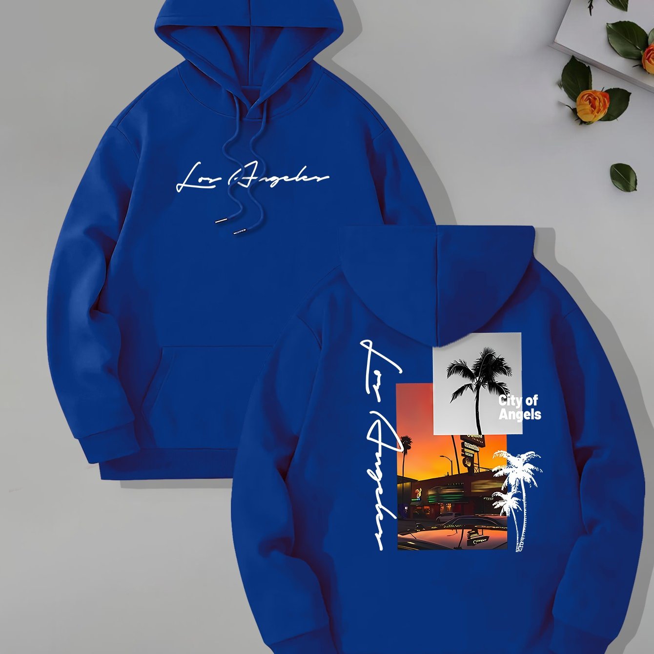 Beach Los Angeles Print Men's Pullover Hoodie, Kangaroo Pocket Long Sleeve Hooded Sweatshirt, Loose Casual Tops, Men's Clothes For Fall Winter