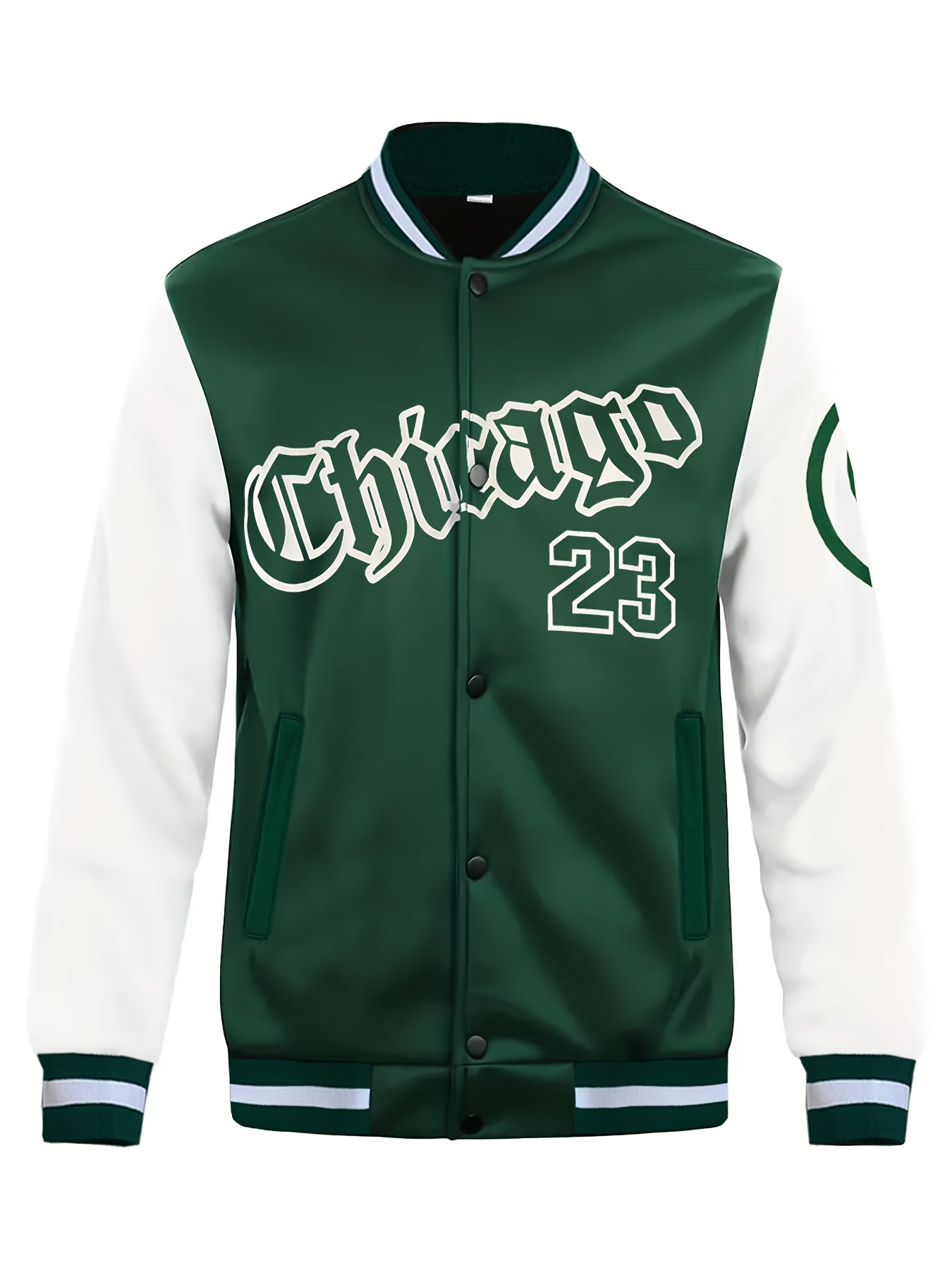 Men'S Casual Fashion Baseball Jacket, 100% Polyester Knit Fabric with Slight Stretch, Crew Neck, Button Closure, Alphabet Pattern, Regular Fit with Pockets, Polyester Lined