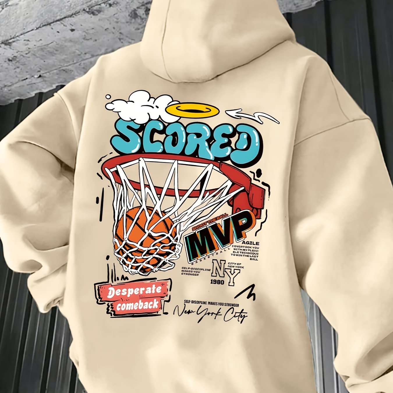Men's Basketball Print Fleece-Lined Hoodie - Casual & Trendy, Loose Fit with Pockets for Fall/Winter