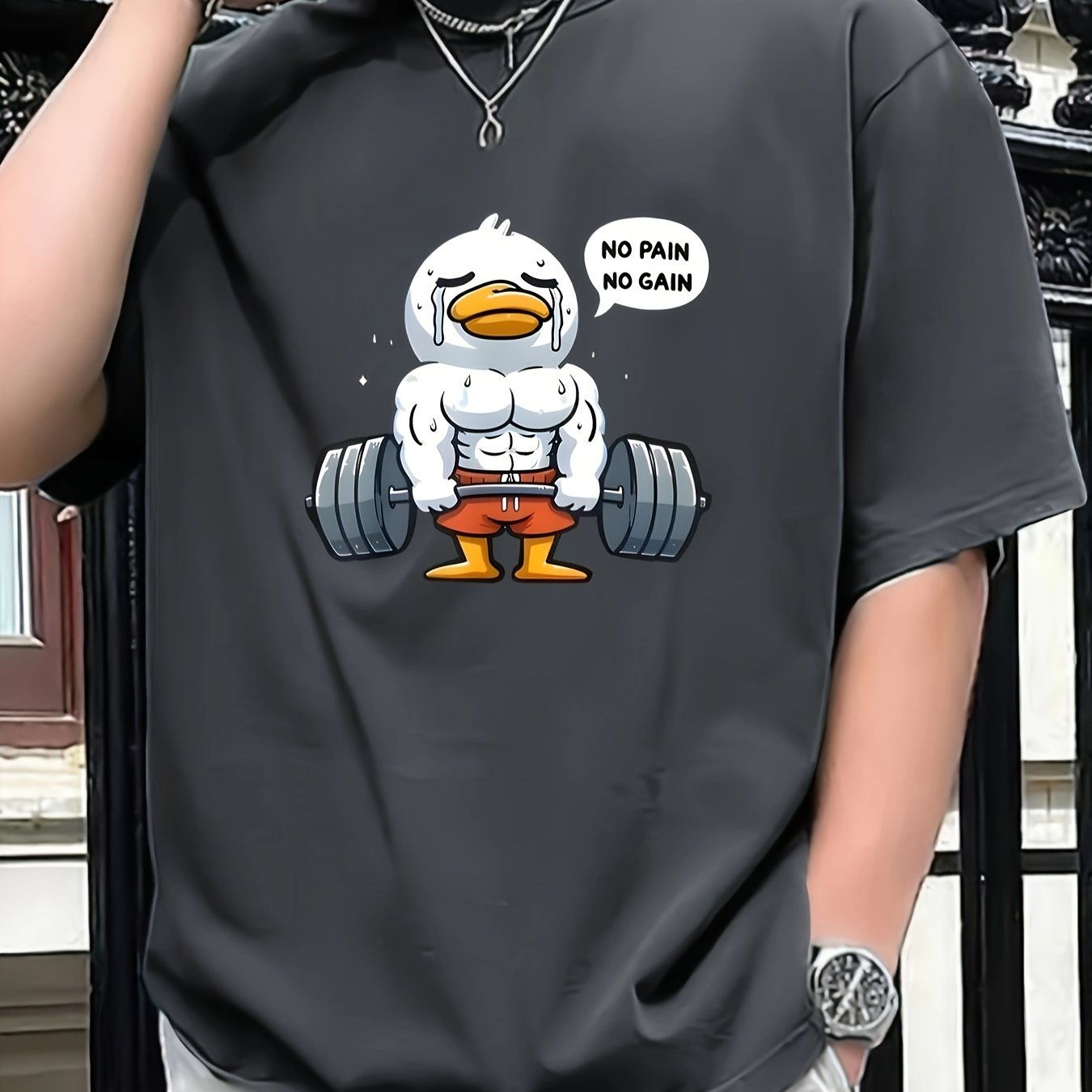 No Pain No Gain" Men's Motivational T-Shirt - Muscular Duck Cartoon Print, 100% Cotton, Short Sleeve, Round Neck, Casual Street Style Tee for Summer & Spring, Oversized T Shirt