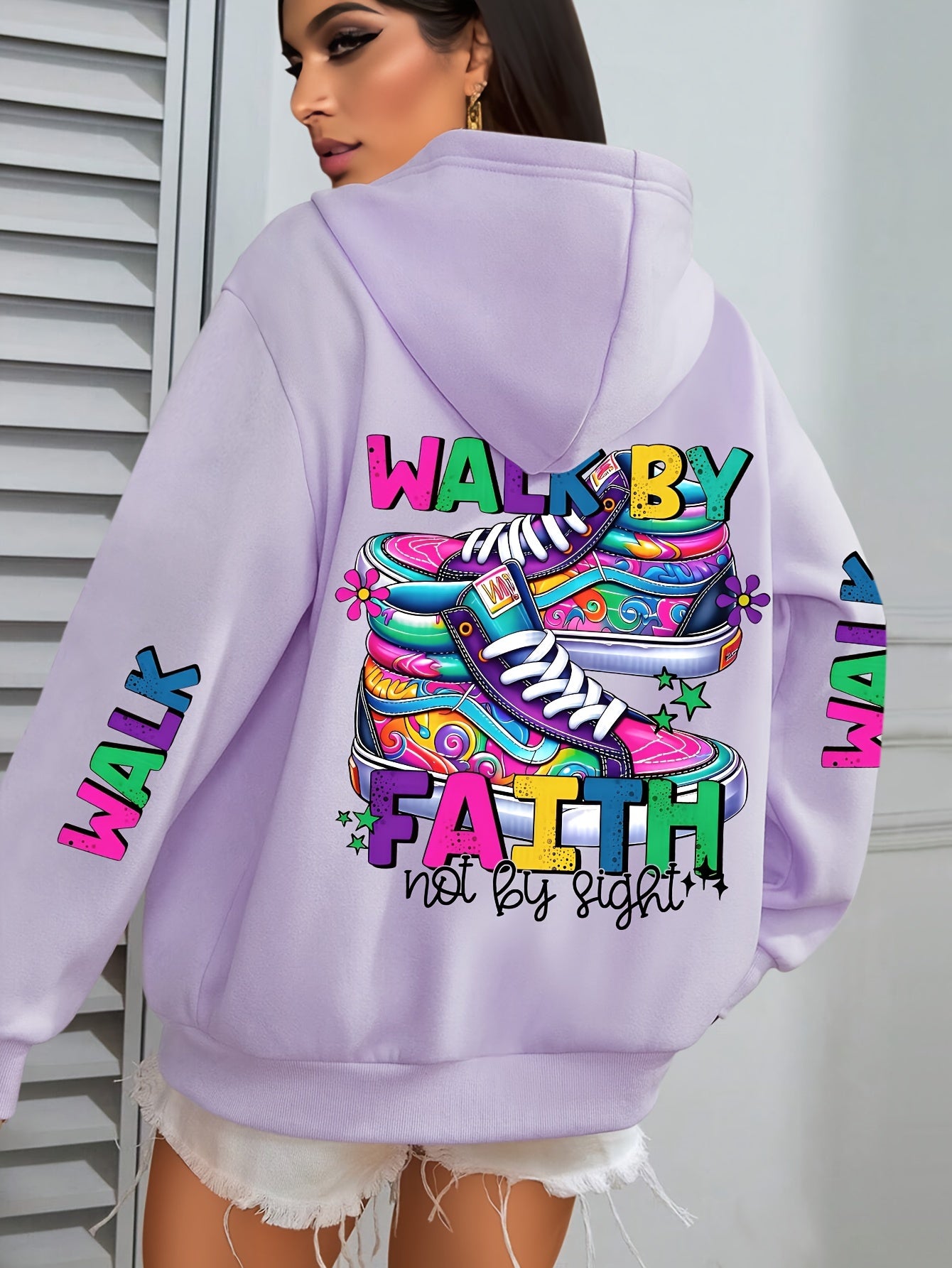 Plus Size Women's Hoodie with Colorful Walk Shoes Print - Casual Long Sleeve Pullover with Pocket, Cozy Polyester Hooded Sweatshirt for Fall & Winter, Fall Fashion Hoodie|Vibrant Shoe Design|Machine Washable Top