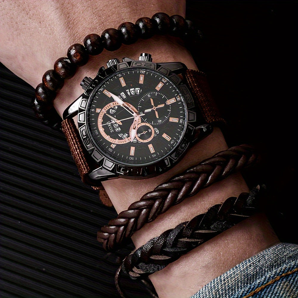 Middle East, Ramadan Men Watch 1pcs Men's Black Nylon Strap Casual Industrial Style Round Dial Calendar Pointer Quartz Watch And 3pcs Bracelets Watch for Men Suitable for Men Party Birthday Wear Or As Brother The Best Gift fo