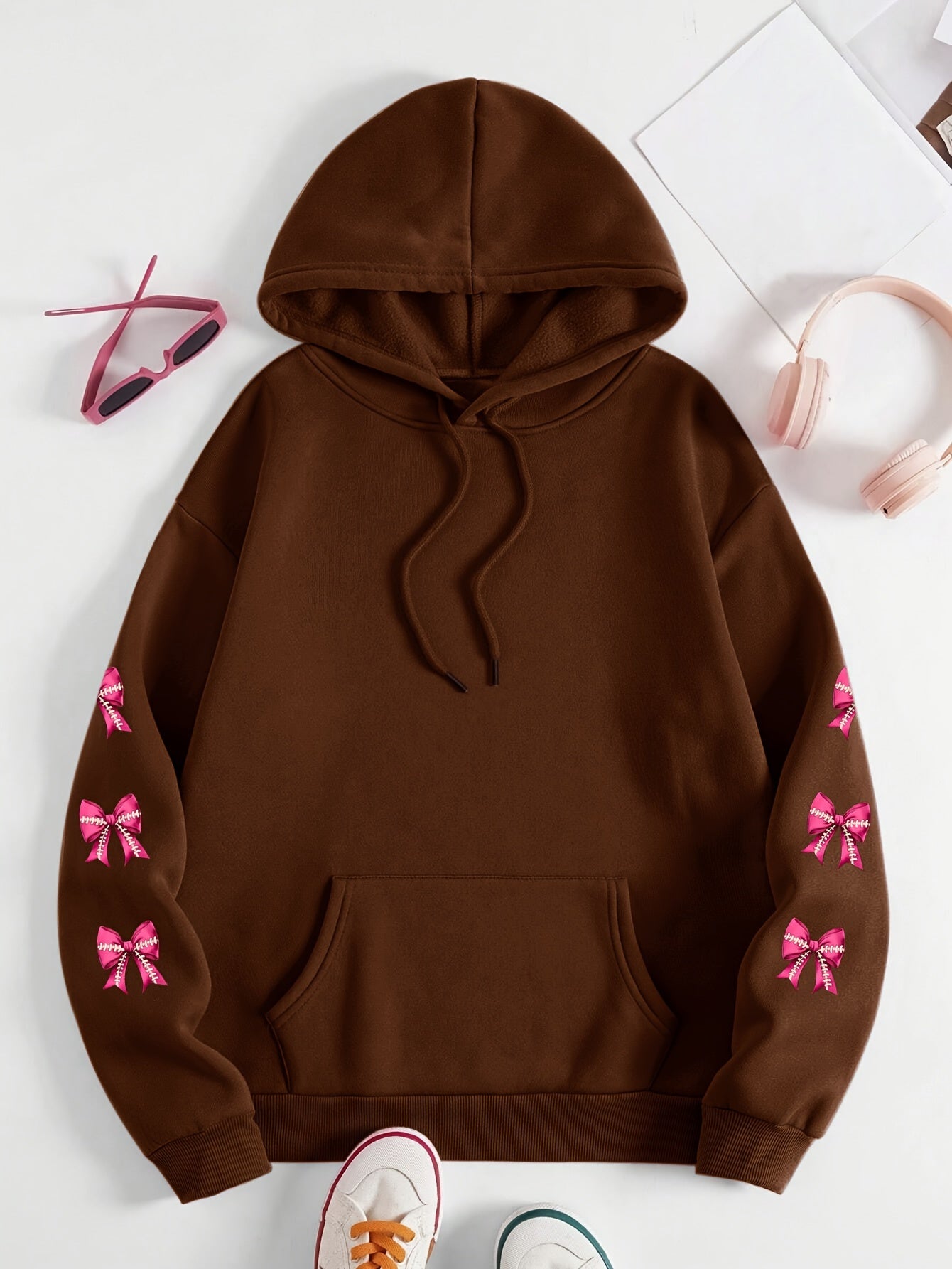 Women'S Plus Size Hoodie with Pink Ribbon Bowknot Print, Casual Long Sleeve Pullover with Pocket, 100% Polyester Knit Fabric, Slight Stretch, Fall/Winter Hooded Sweatshirt, Breast Cancer Awareness Design