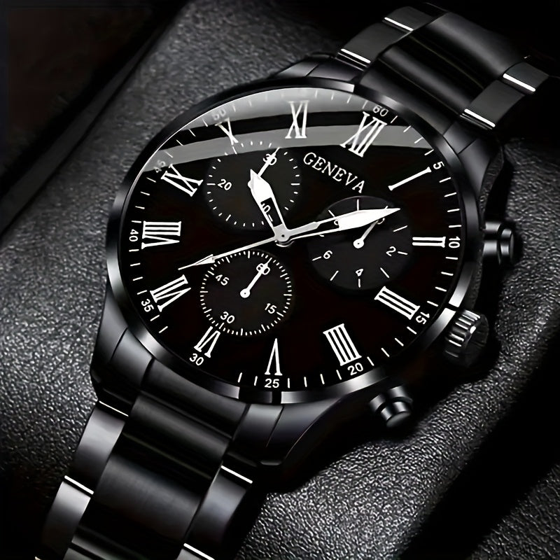 Men's 8pcs luxury gift set: stainless steel quartz watch with calendar, Golden arrow necklace, bracelet and ring - perfect business casual accessories for Valentine's Day, New Year, Easter, Ramadan, birthday, Christmas, Hallo