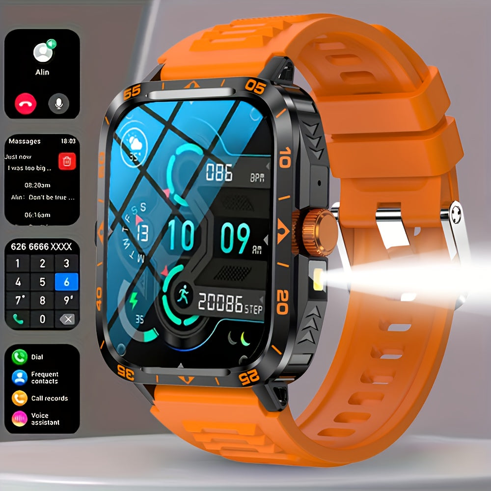 Smart Watch with LED Flashlight, 4.95cm Display, Compatible with Android & Iphone, 100+ Sports Modes, Customizable Watch Faces, Calorie & Step Counter, Water-Resistant, USB Charging, Wireless 5.1, TFT Screen, PC Case, Silicon