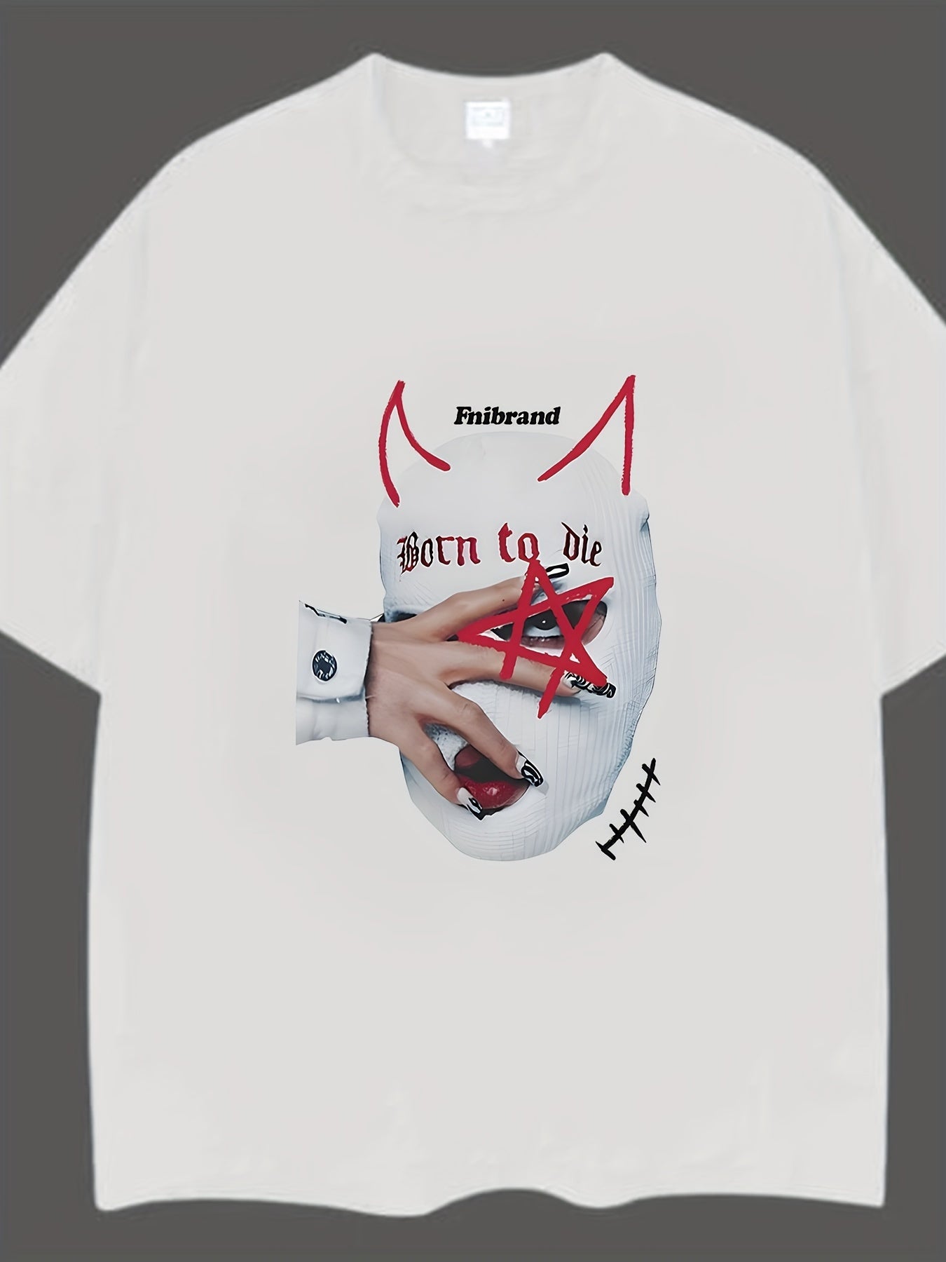 Retro-Inspired "Born to Die" Graphic Cotton Tee for Men - Loose Fit, Drop Shoulder, Short Sleeve with Unique Star and Hand Print Design, Round Neck - Casual Summer Wear