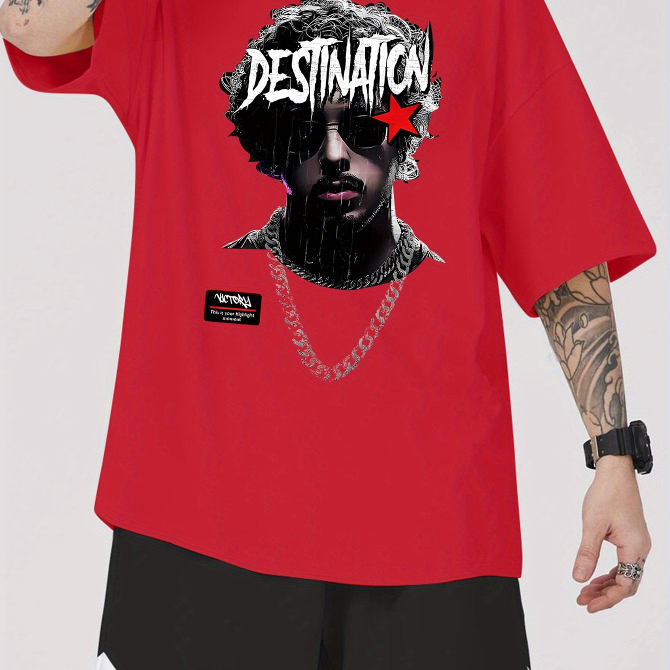 1pc Men'S Casual Rapper Print T-Shirt, Polyester Knit Fabric with Slight Stretch, Crew Neck, Short Sleeve, Summer Patterned Tee