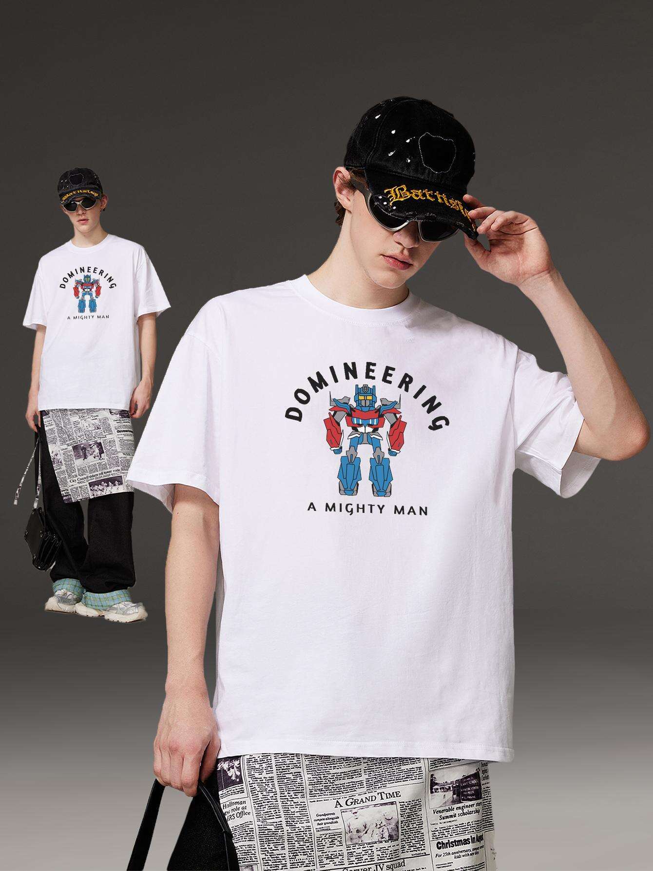 PRIVATHINKER "Domineering A Mighty for Man" Graphic Tee - 100% Cotton, Oversized Casual Hip Hop Style, Short Sleeve T-Shirt with Robot Print, Summer Streetwear for Men and Women