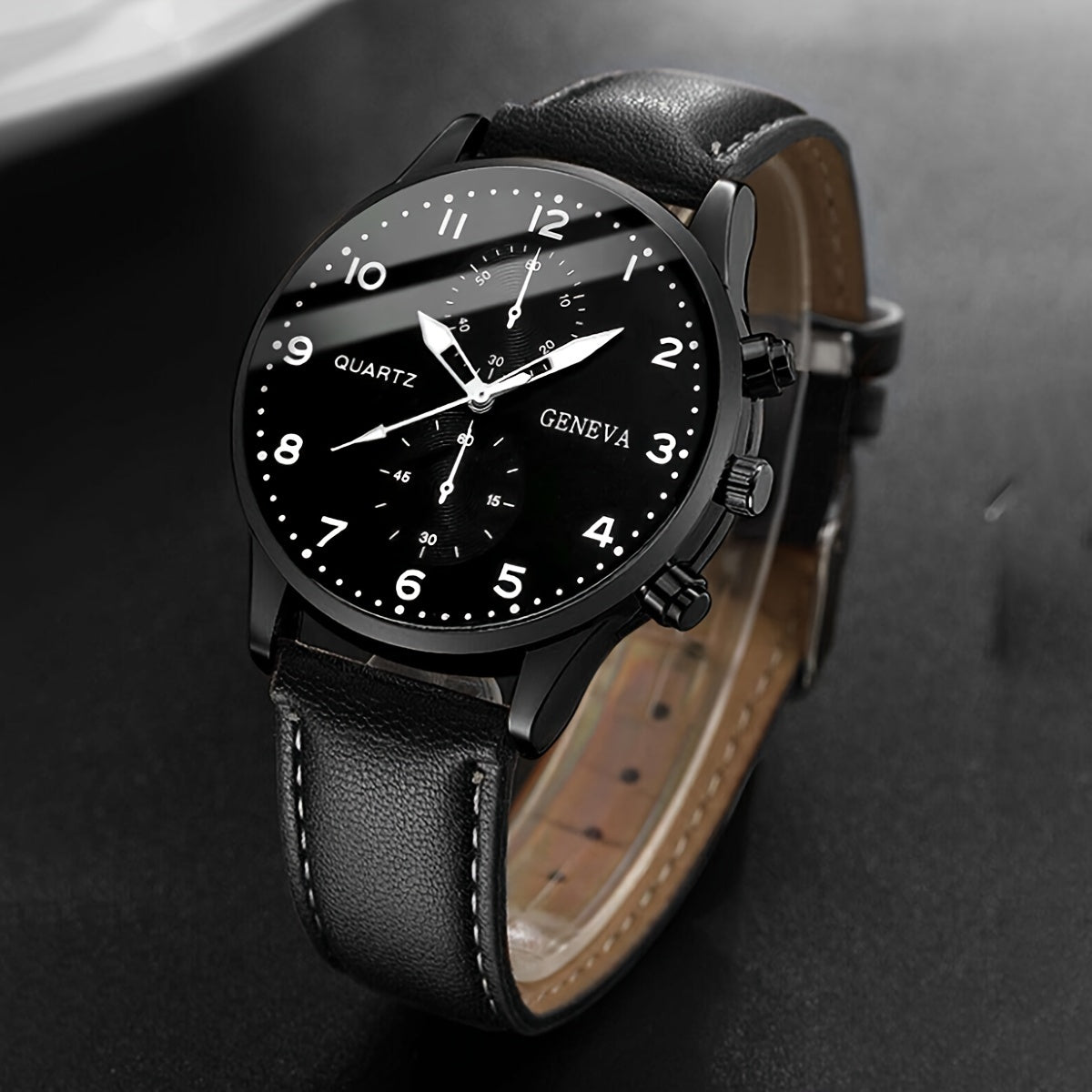 Middle East Ramadan Men Watch 1pc Men Black PU Leather Stainless Steel Case Casual Quartz Watch with 4pcs Bracelet Set Watch for Men Suitable for Men Party Holiday Birthday Wear Or As Brother The Best Gift for A Man No Box