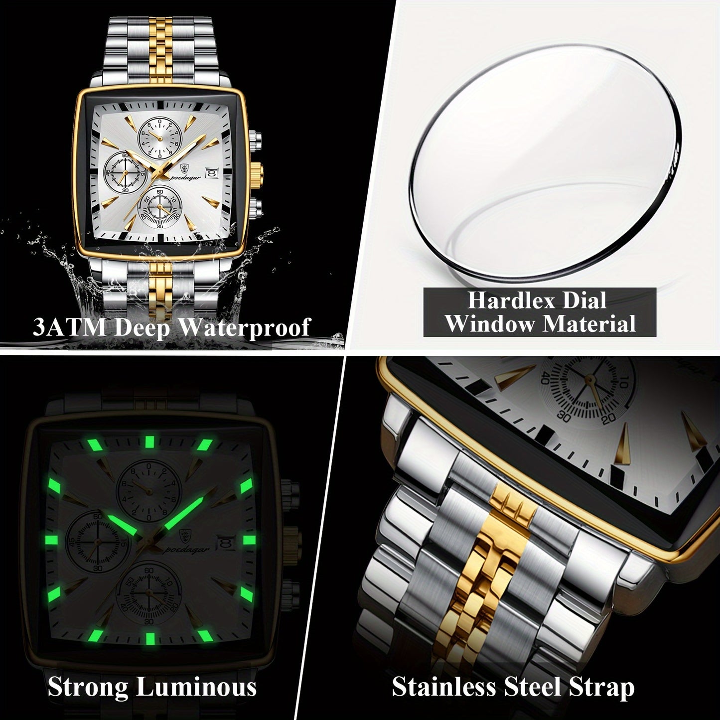 POEDAGAR Men'S Business Quartz Watch, Stainless Steel Square Dial, Luminous Hands, Date Calendar, Battery Powered, with Non-Rechargeable Button Battery, for Thanksgiving & Christmas Gifts, Water Resistant