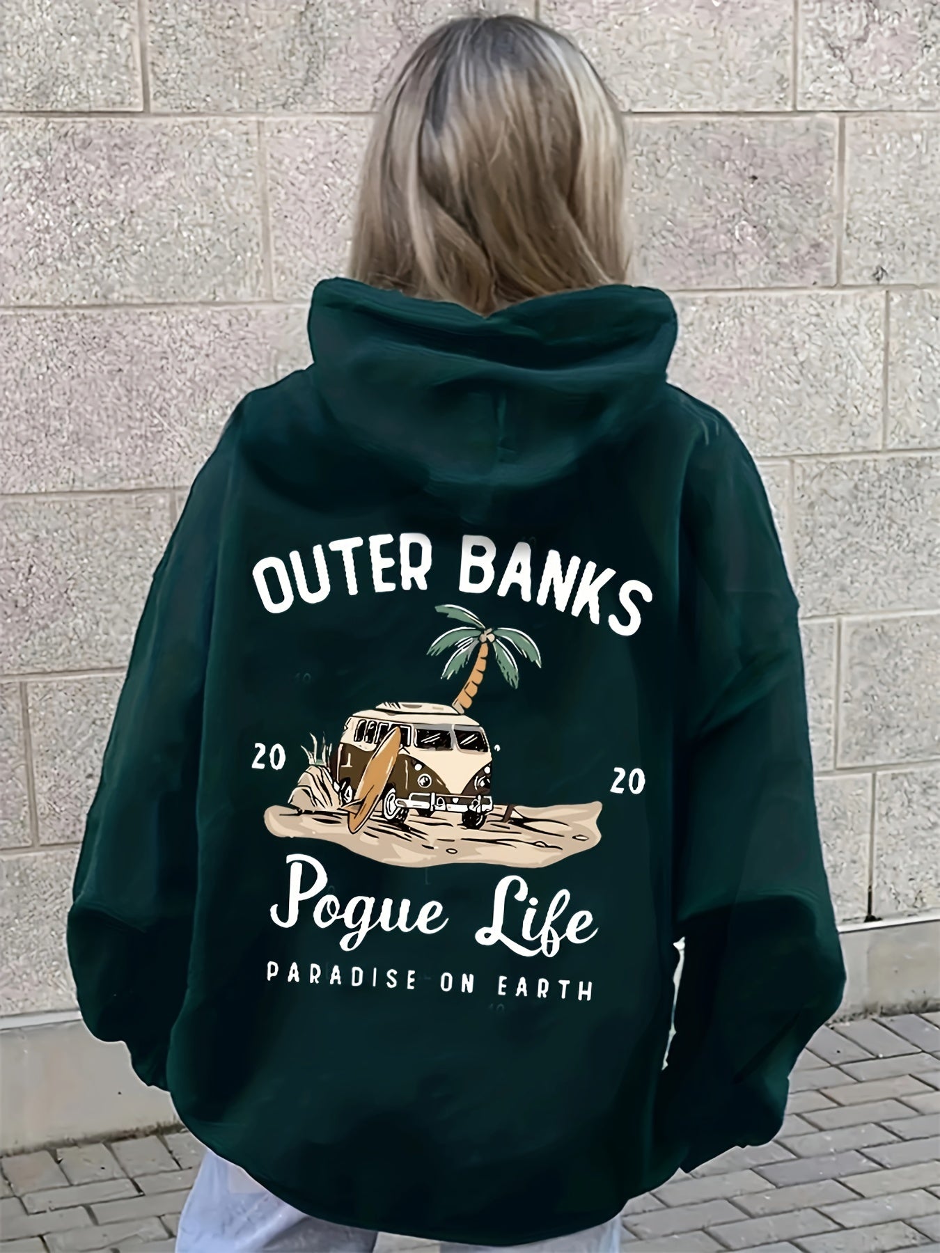 Funny Landscape & Letter Print Kangaroo Pocket Hoodie, Casual Long Sleeve Drawstring Hoodies Sweatshirt for Winter & Autumn, Women's Clothing, Oversized Hoodie