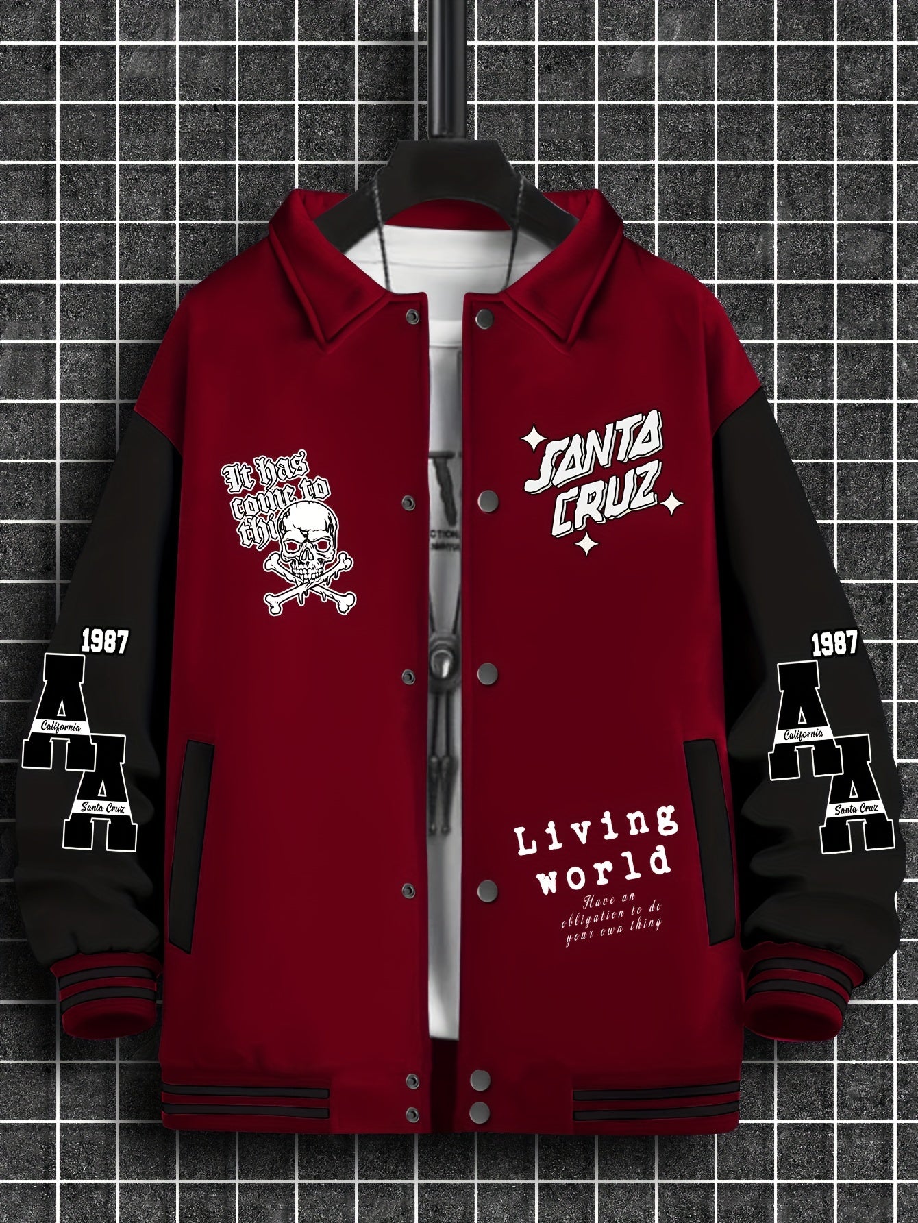 Men's Trendy Casual Baseball Jacket with Unique Print Design - Thick, Warm Polyester, Machine Washable, Collared Style