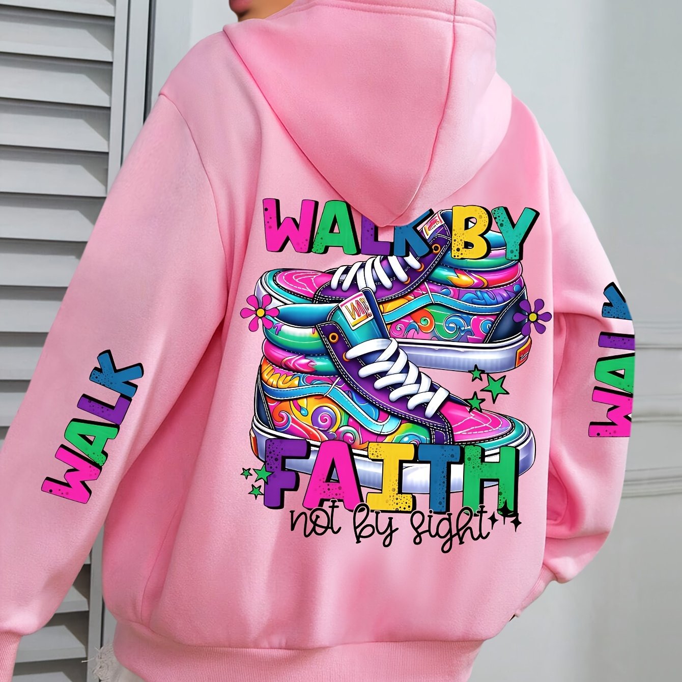 Plus Size Women's Hoodie with Colorful Walk Shoes Print - Casual Long Sleeve Pullover with Pocket, Cozy Polyester Hooded Sweatshirt for Fall & Winter, Fall Fashion Hoodie|Vibrant Shoe Design|Machine Washable Top