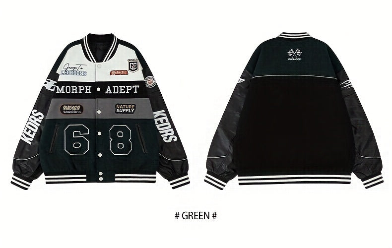 Men'S Daily Patchwork Polyester Varsity Jacket Stylish Retro Embroidered Long Sleeve Baseball Coats Casual Unisex Loose Outdoor Outerwear