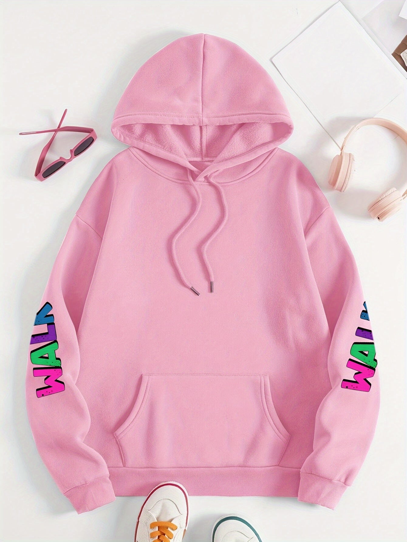 Plus Size Women's Hoodie with Colorful Walk Shoes Print - Casual Long Sleeve Pullover with Pocket, Cozy Polyester Hooded Sweatshirt for Fall & Winter, Fall Fashion Hoodie|Vibrant Shoe Design|Machine Washable Top