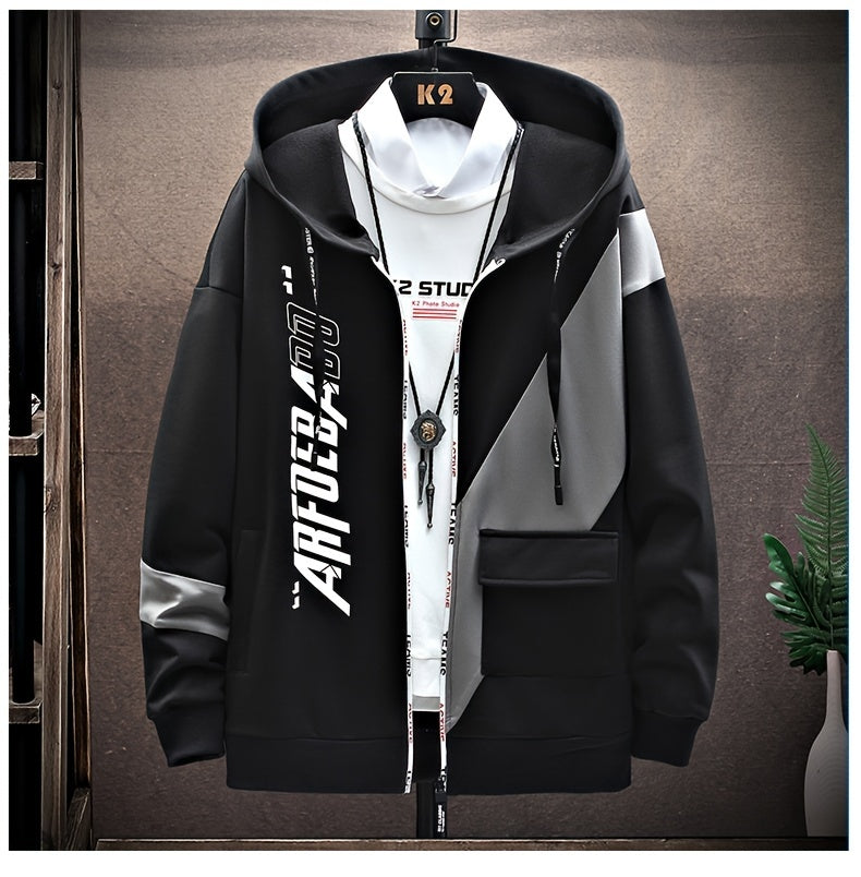 Men's Casual Hoodie with Geometric Print - Cozy & Warm Zip-Up Jacket for Fall/Winter, Polyester Blend, Young Fashion, Sports