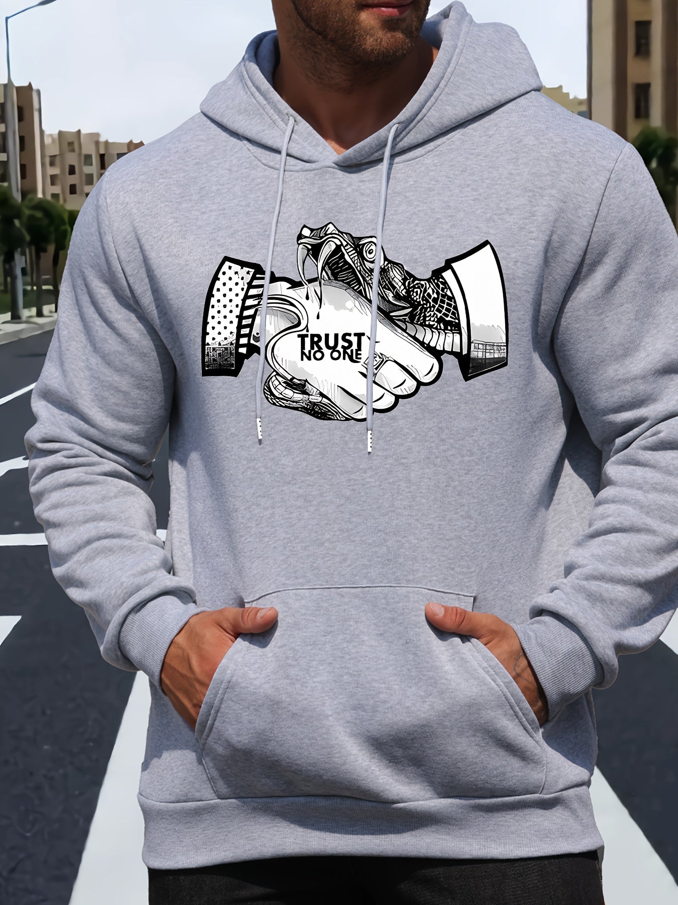 Men's Trust No One Graphic Print Casual Hoodie - 100% Polyester Knit Fabric with Hood, Slight Stretch, Regular Fit Long Sleeve Fashion Pullover for Fall/Winter