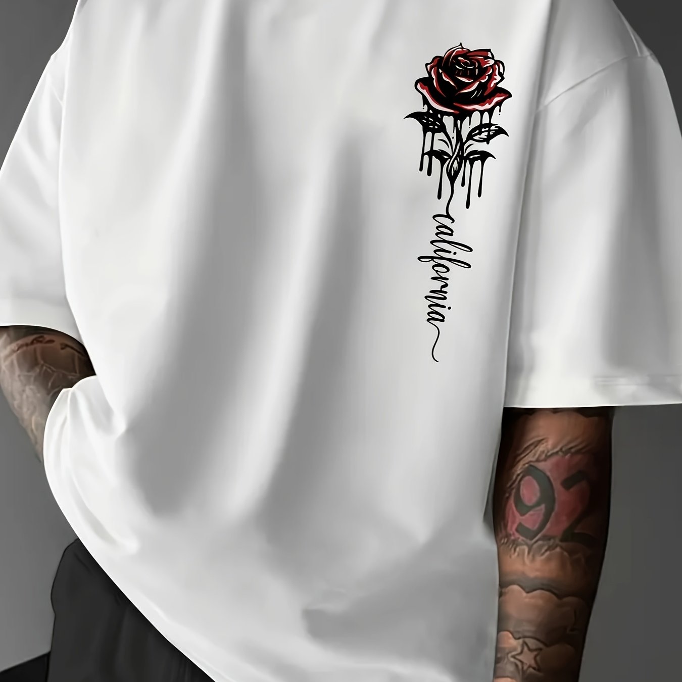 Men's Casual Rose Print T-Shirt - Loose Fit, Crew Neck, Polyester Blend, Summer Wear