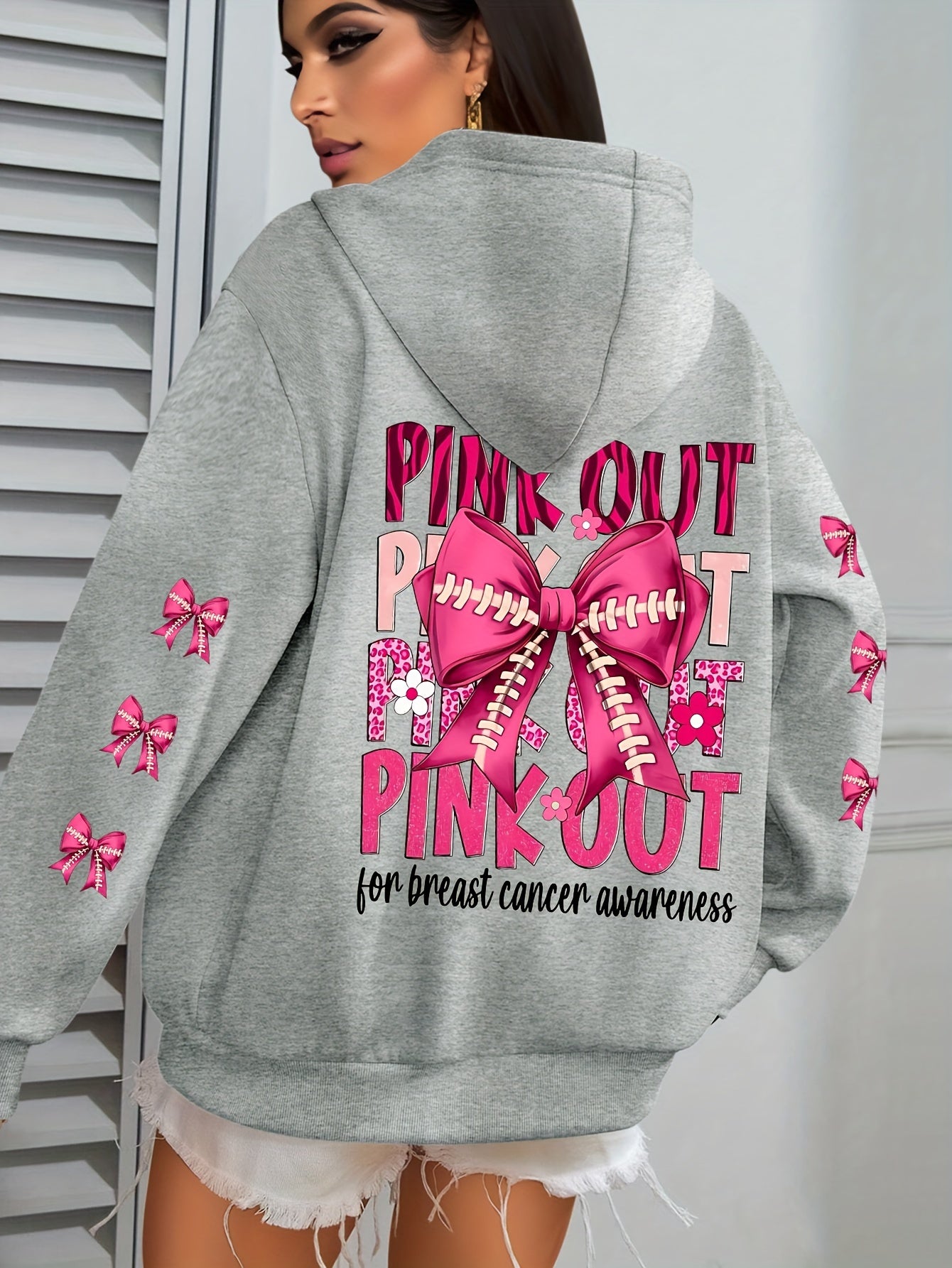 Women'S Plus Size Hoodie with Pink Ribbon Bowknot Print, Casual Long Sleeve Pullover with Pocket, 100% Polyester Knit Fabric, Slight Stretch, Fall/Winter Hooded Sweatshirt, Breast Cancer Awareness Design