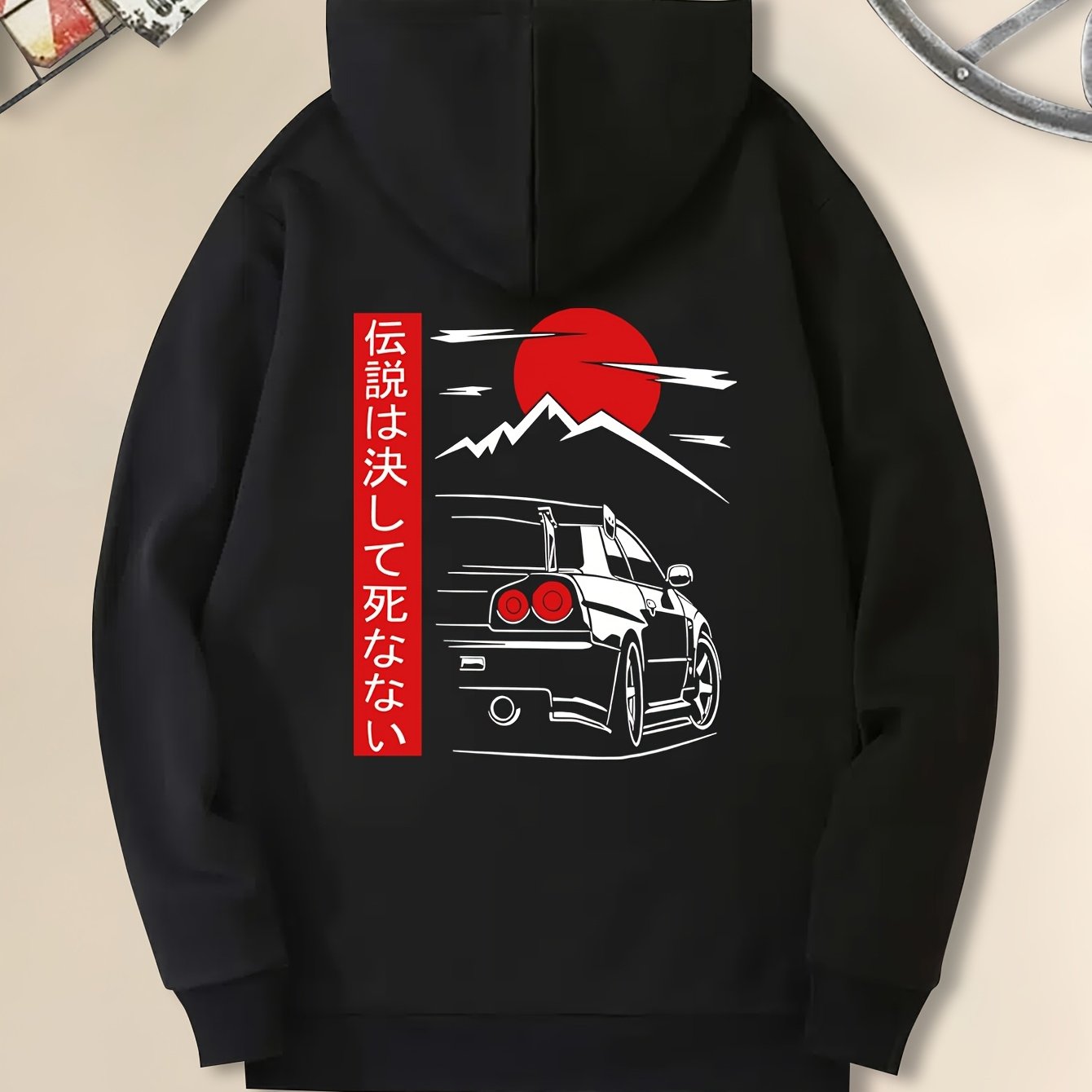 Men's Casual Black Hoodie with Sunset Sports Car Graphic - Cozy Long Sleeve Hooded Sweatshirt, Polyester, Machine Washable for Autumn & Winter, Sweater Hoodie
