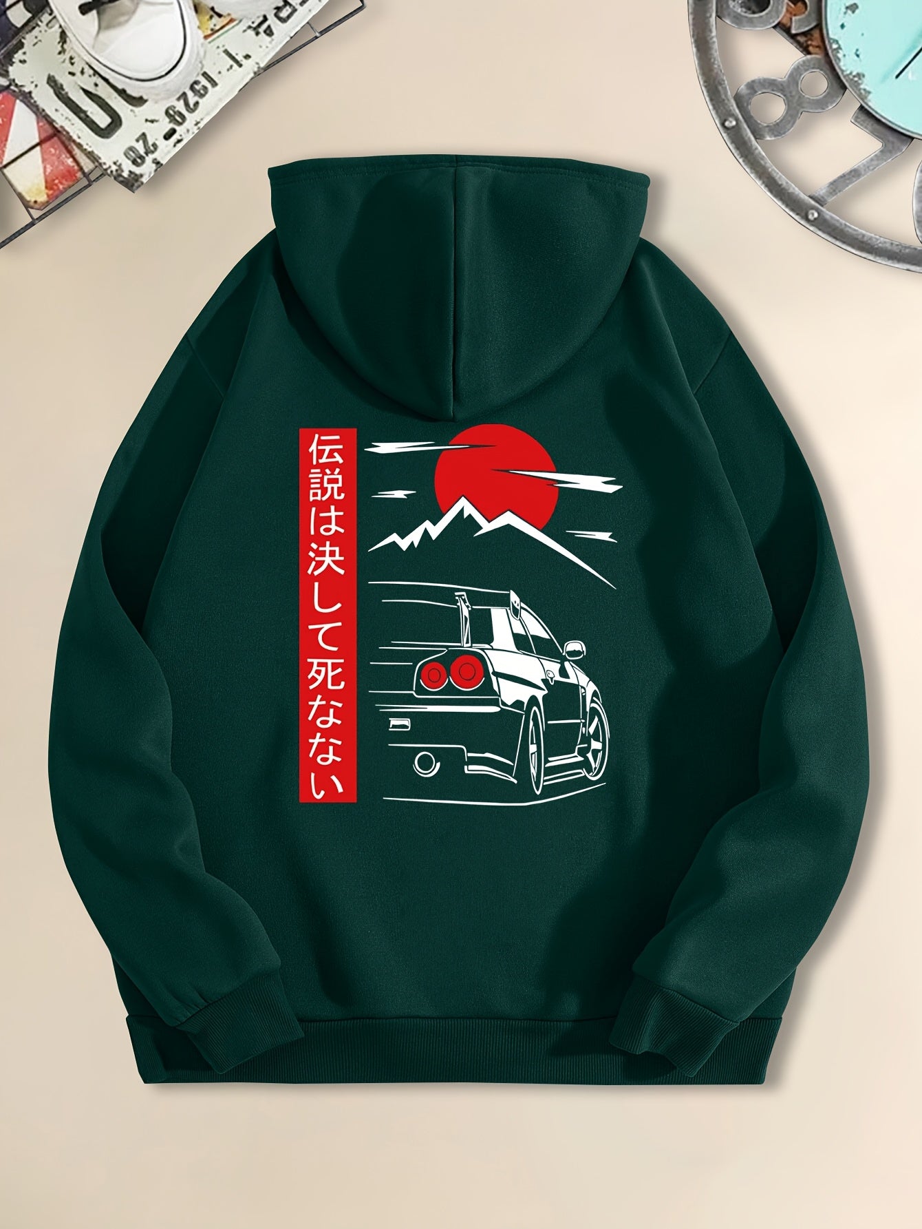 Men's Casual Black Hoodie with Sunset Sports Car Graphic - Cozy Long Sleeve Hooded Sweatshirt, Polyester, Machine Washable for Autumn & Winter, Sweater Hoodie