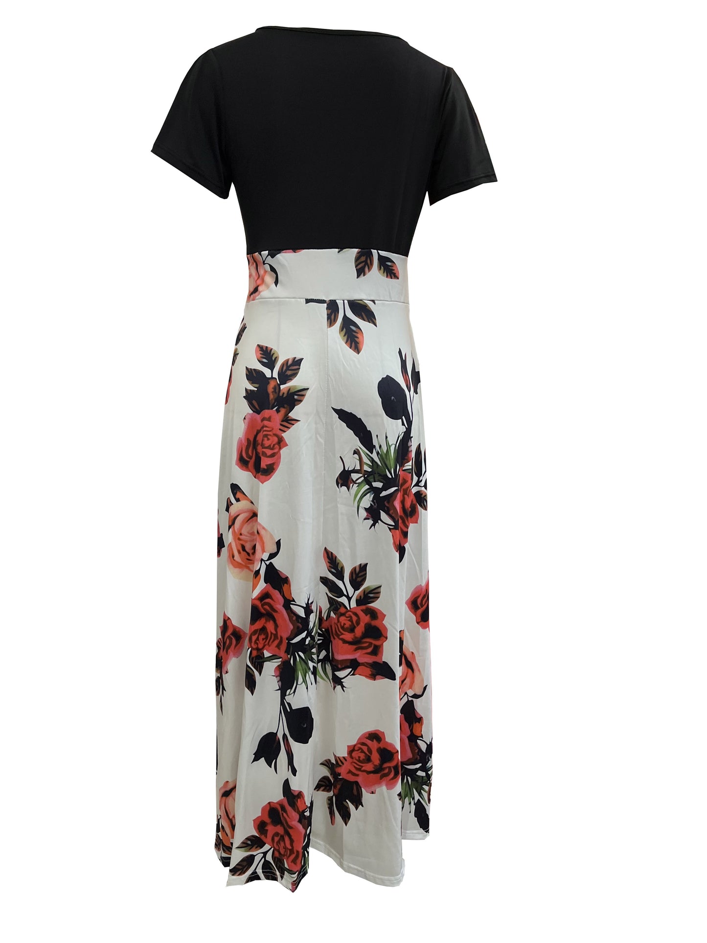 Floral Print Splicing Maxi Dress, Casual Crew Neck Short Sleeve Dress For Spring & Summer, Women's Clothing