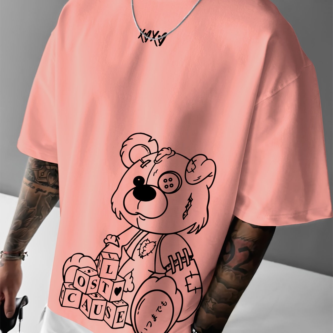 Men'S Casual Loose Short-Sleeve T-Shirt with a Bear Pattern Print.