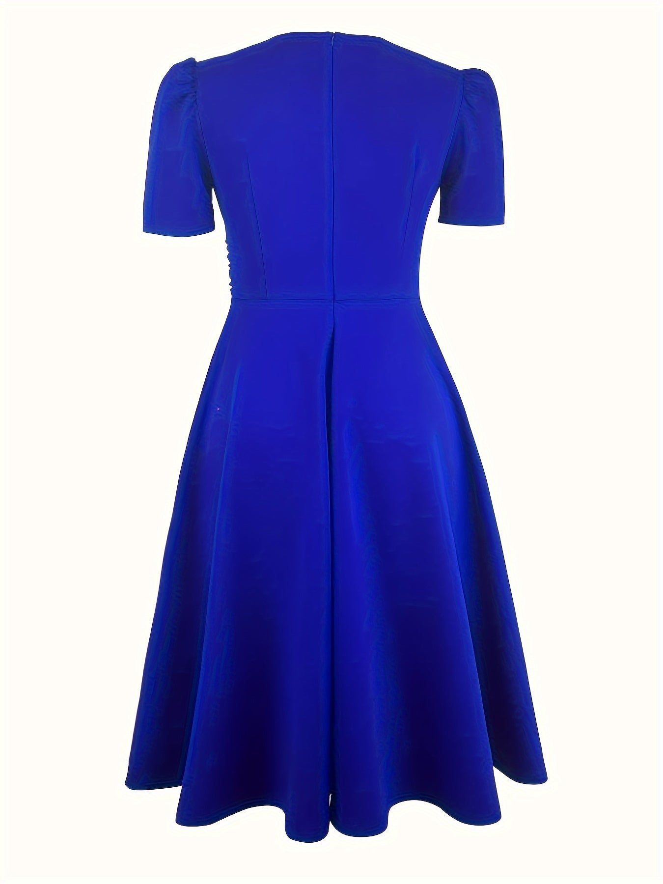 Elegant V-Neck Knit Dress for Women - Solid Color, Knee-Length with Flowy Skirt & Puff Sleeves, Machine Washable