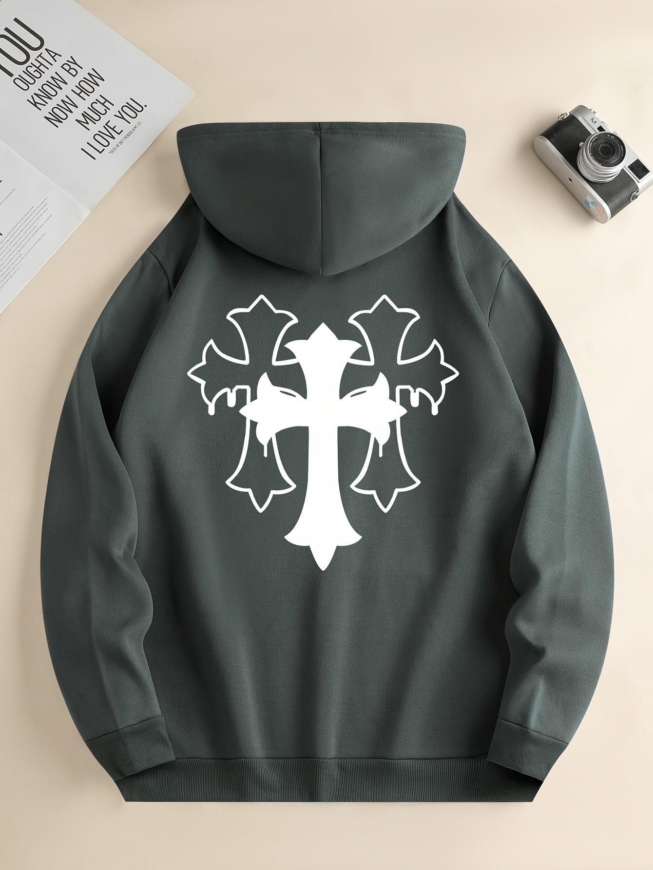 Cross Print Men's Simple Style Pullover Hoodies With Kangaroo Pocket Long Sleeve Hooded Sweatshirt Loose Casual Top For Autumn Winter Men's Clothing As Gifts