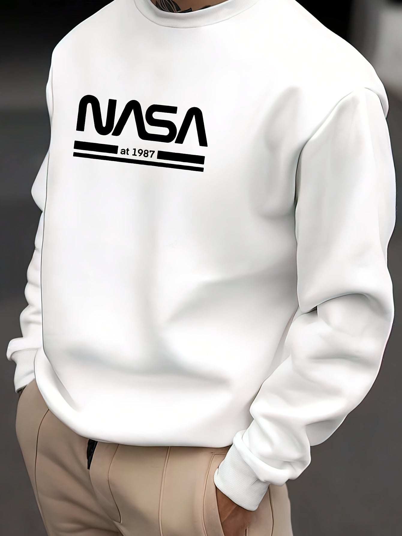 Thin European and American Men's Casual Sports Style Round Neck Geometric Letters NASA1987 Pattern Print Hoodie