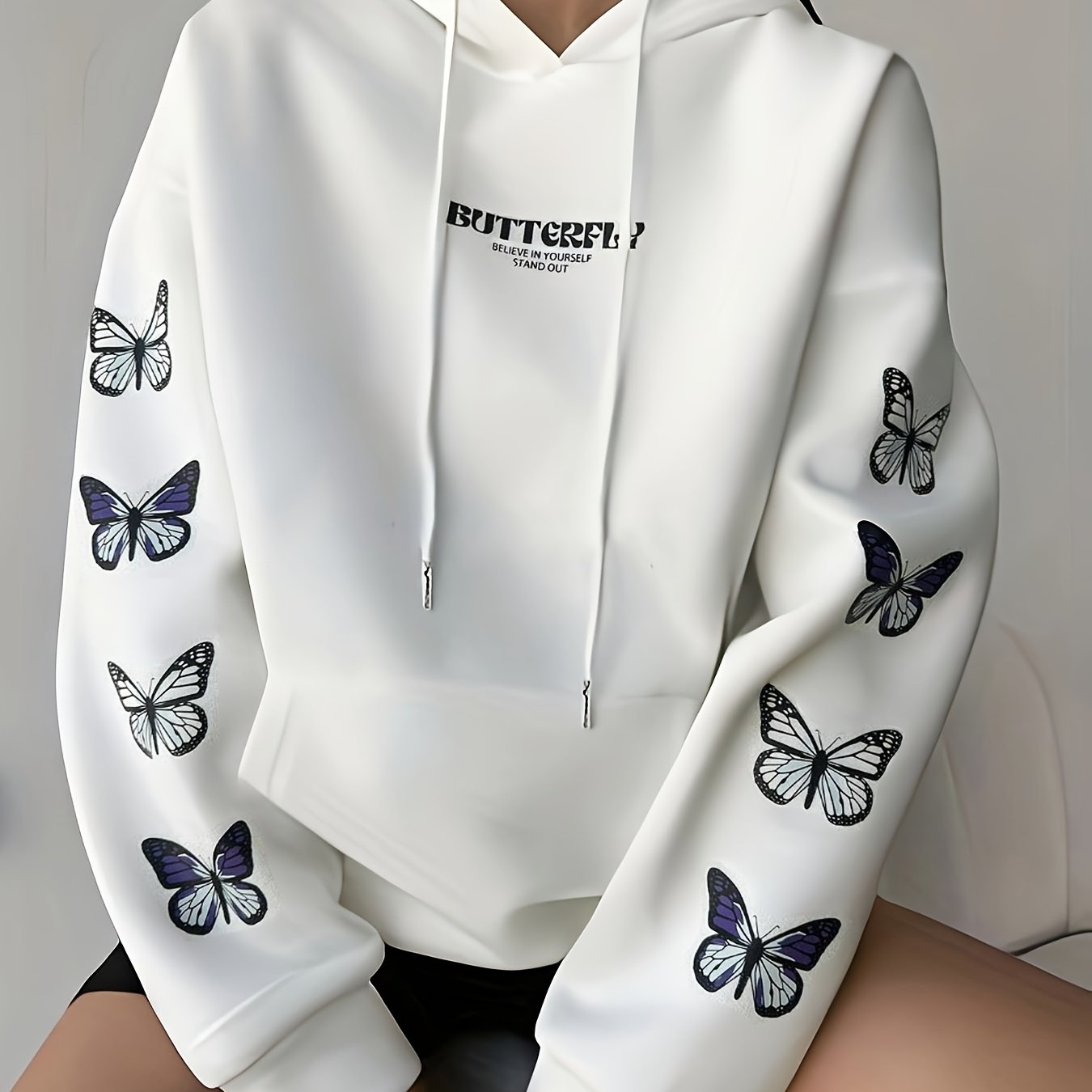 1pc Women'S Casual Butterfly Print Hoodie, Polyester Knit Sweatshirt with Pockets, Autumn/Winter Fashion Pullover with Hood